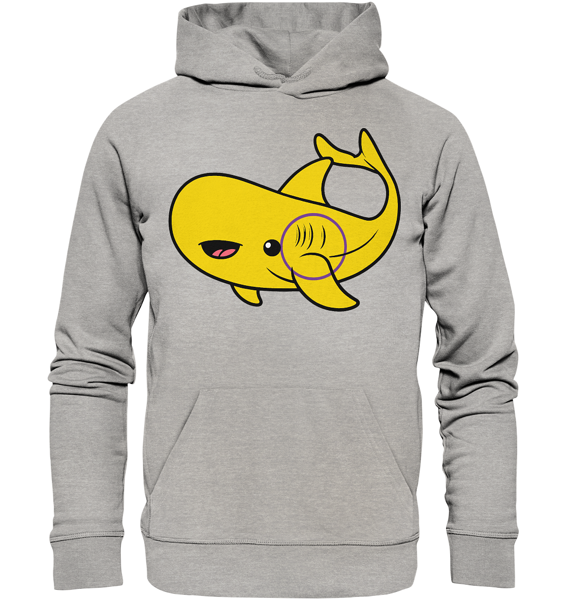 Grauer Hoodie mit einem bunten, cartoonhaften Wal-Motiv in Gelb.