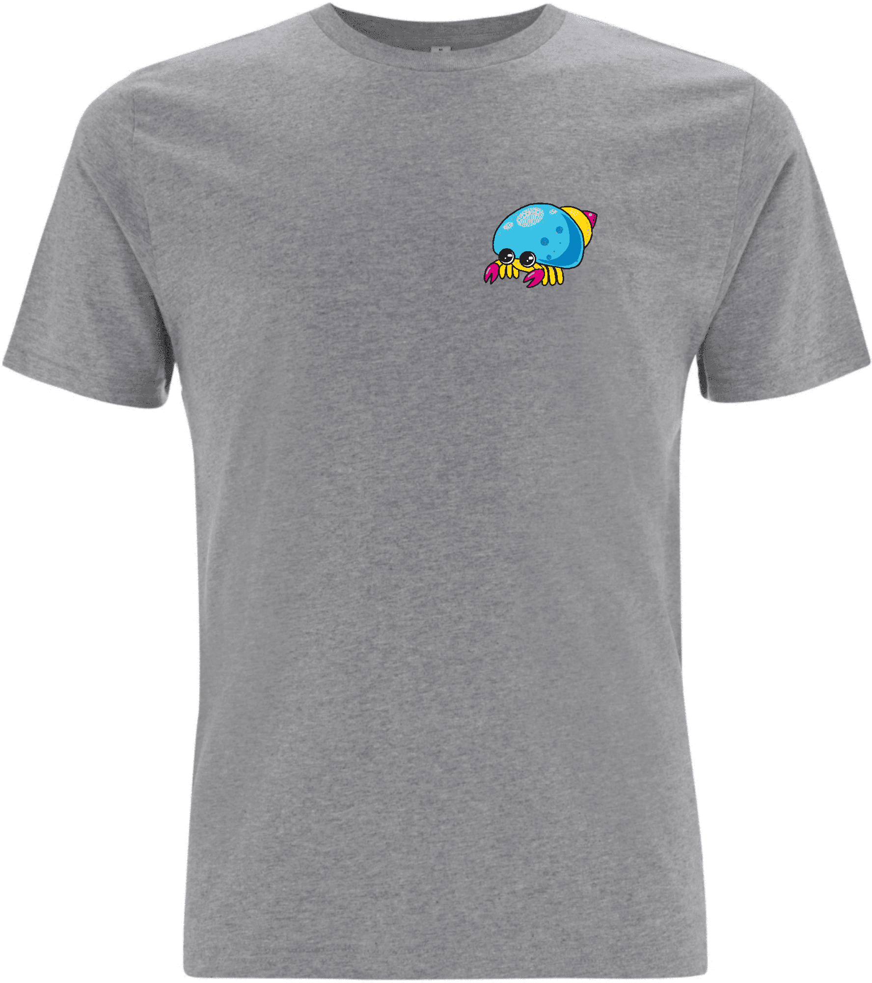 Graues T-Shirt mit buntem, cartoonhaftem Krebs-Design auf der Brust.