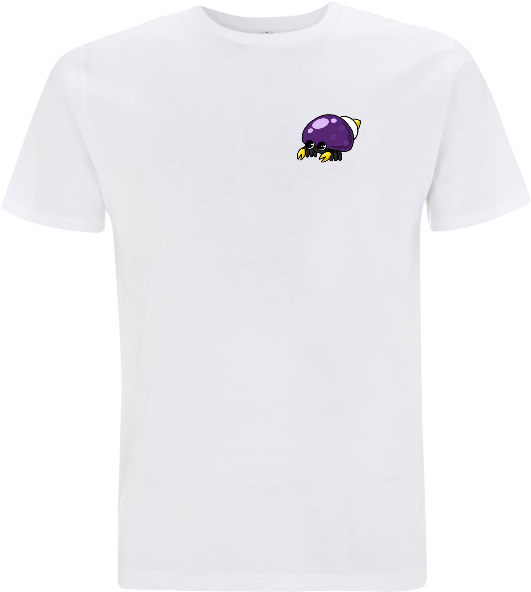 Weißes T-Shirt mit buntem, cartoonhaftem Käfer-Motiv auf der Brust.