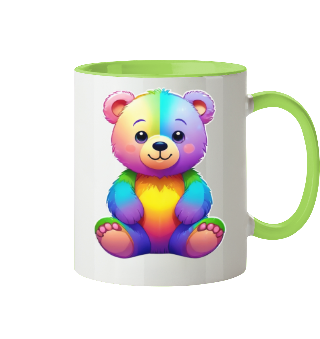 Bunte Tasse mit einem niedlichen, cartoonhaften Bären in Regenbogenfarben.