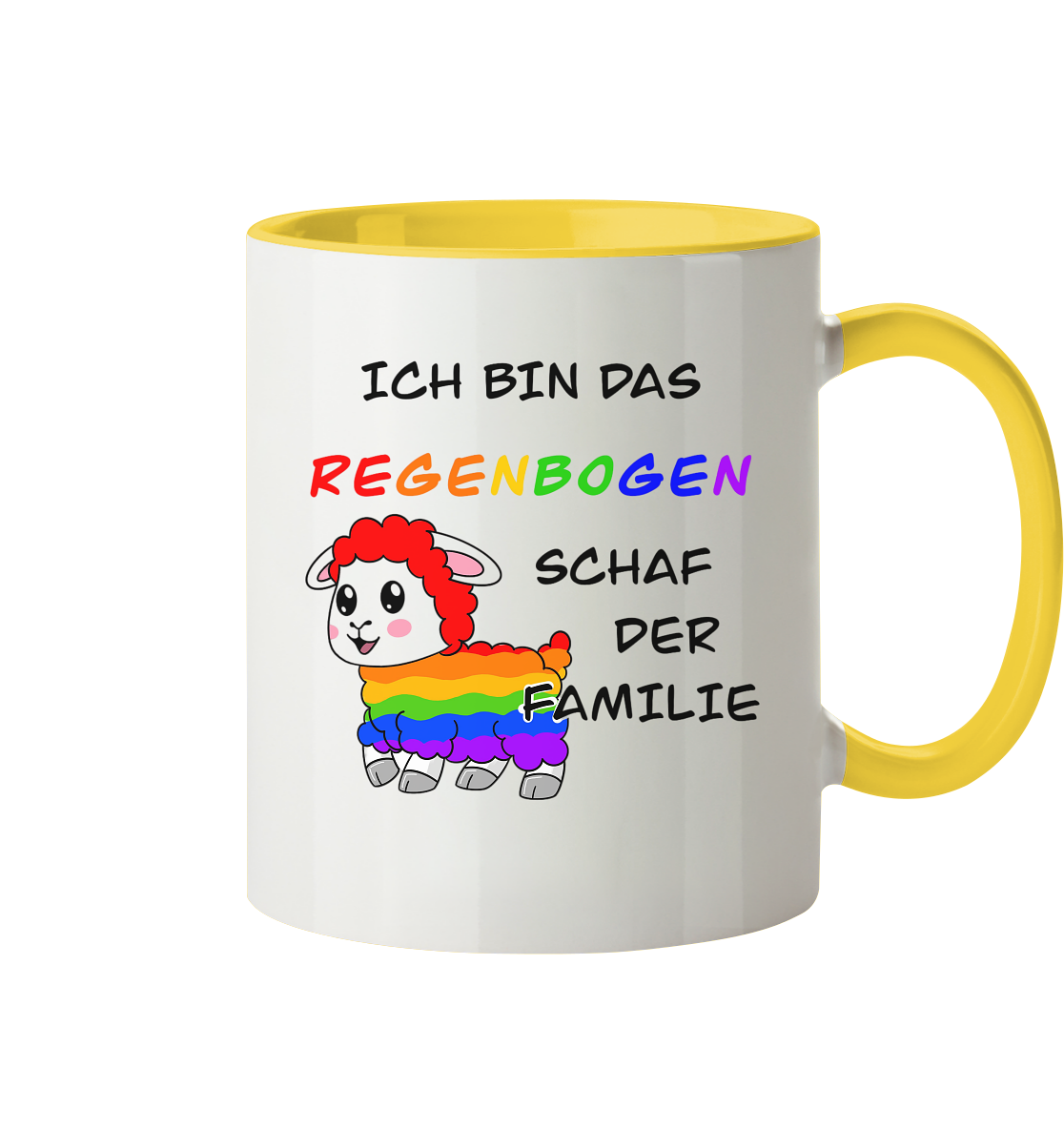 Bunte Tasse mit dem Aufdruck "Ich bin das Regenbogen-Schaf der Familie" und einem niedlichen, bunten Schaf-Motiv.