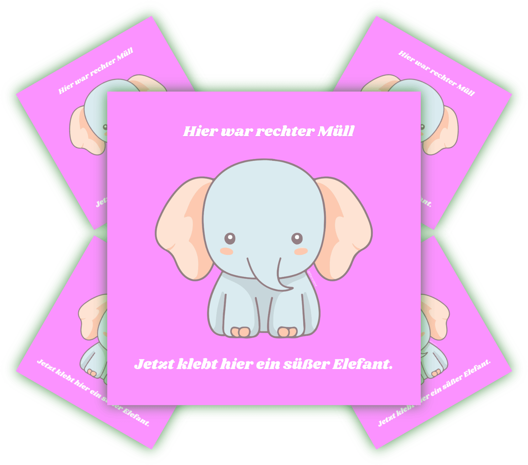 Süßer Elefant, der zur Aufforderung zur Müllvermeidung beiträgt. Niedlicher Elefant auf pinkem Hintergrund mit humorvollem Text über Müll.