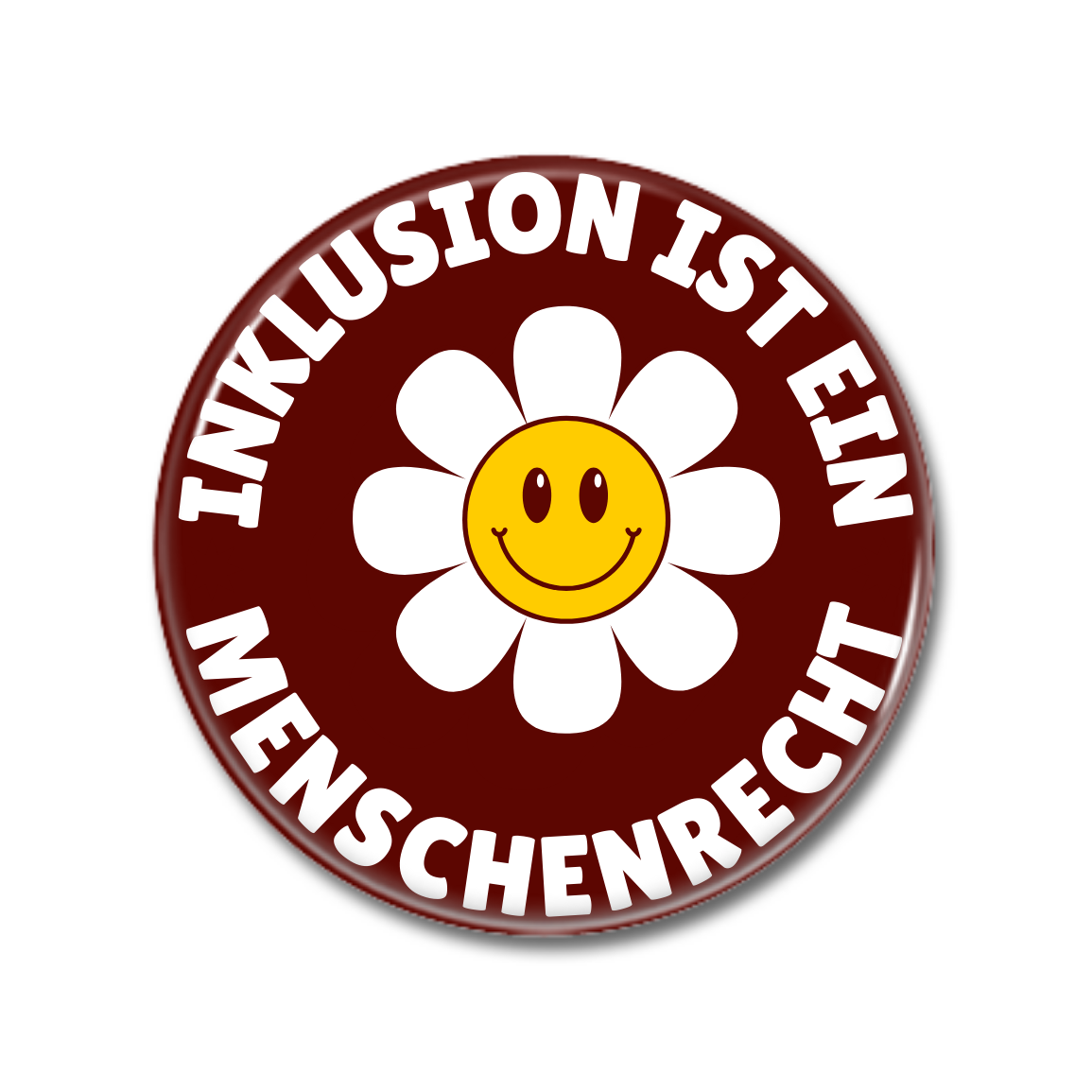 Runder Button mit einem lächelnden Sonnenblumen-Motiv und dem Text "Inklusion ist ein Menschenrecht".