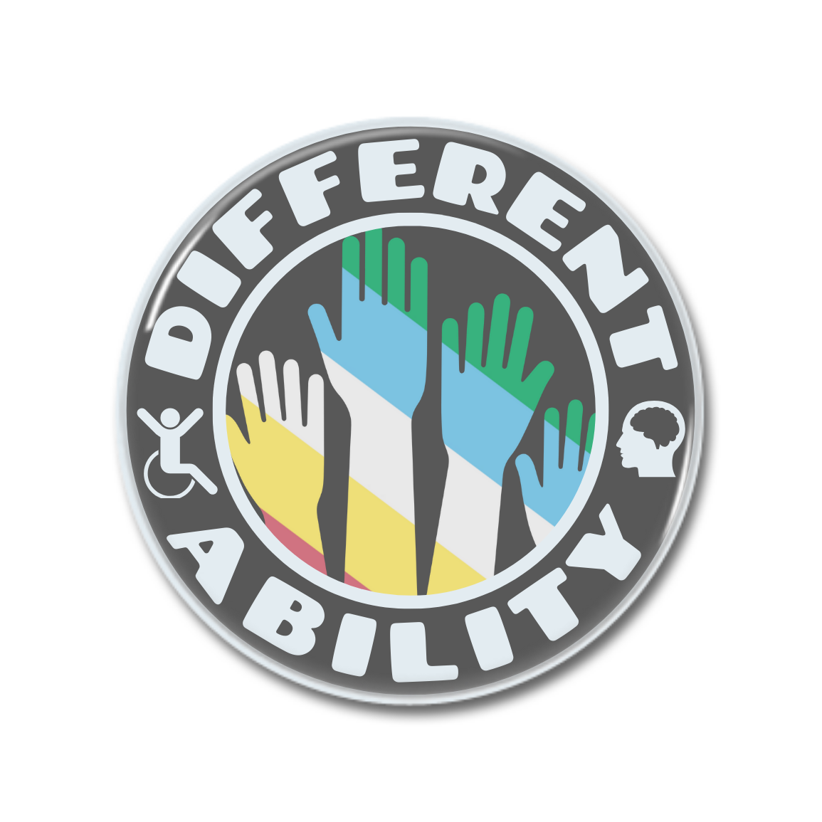 Runde Abzeichen mit dem Text "Different Ability" und bunten Händen, die Vielfalt und Inklusion symbolisieren.