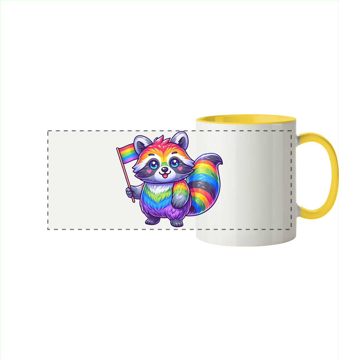 Bunte Tasse mit einem niedlichen, regenbogenfarbigen Waschbären, der eine Pride-Flagge hält.