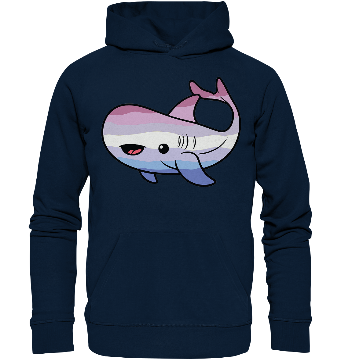 Gemütlicher Hoodie in Marineblau mit einem niedlichen, bunten Hai-Design.