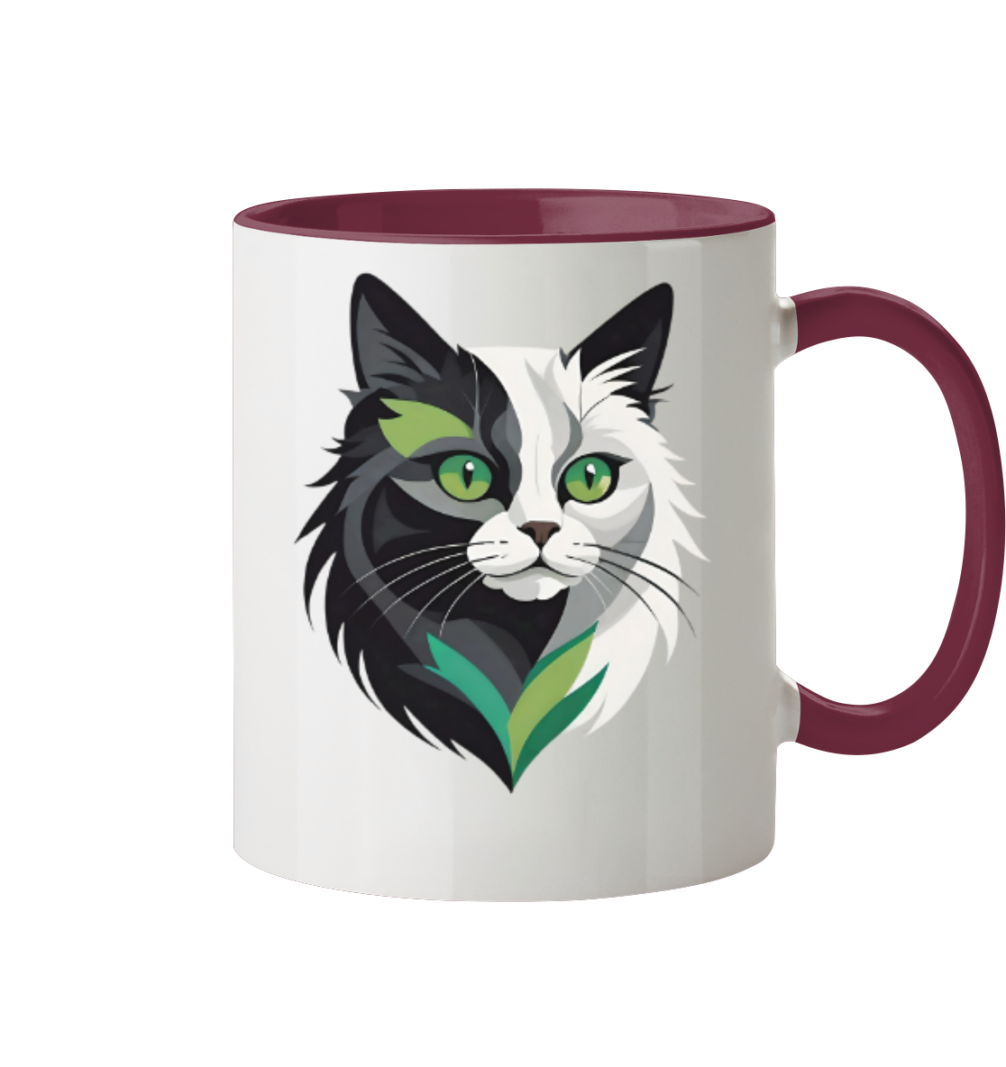 Bunte Tasse mit einem künstlerischen Katzenmotiv in Schwarz, Weiß und Grüntönen.