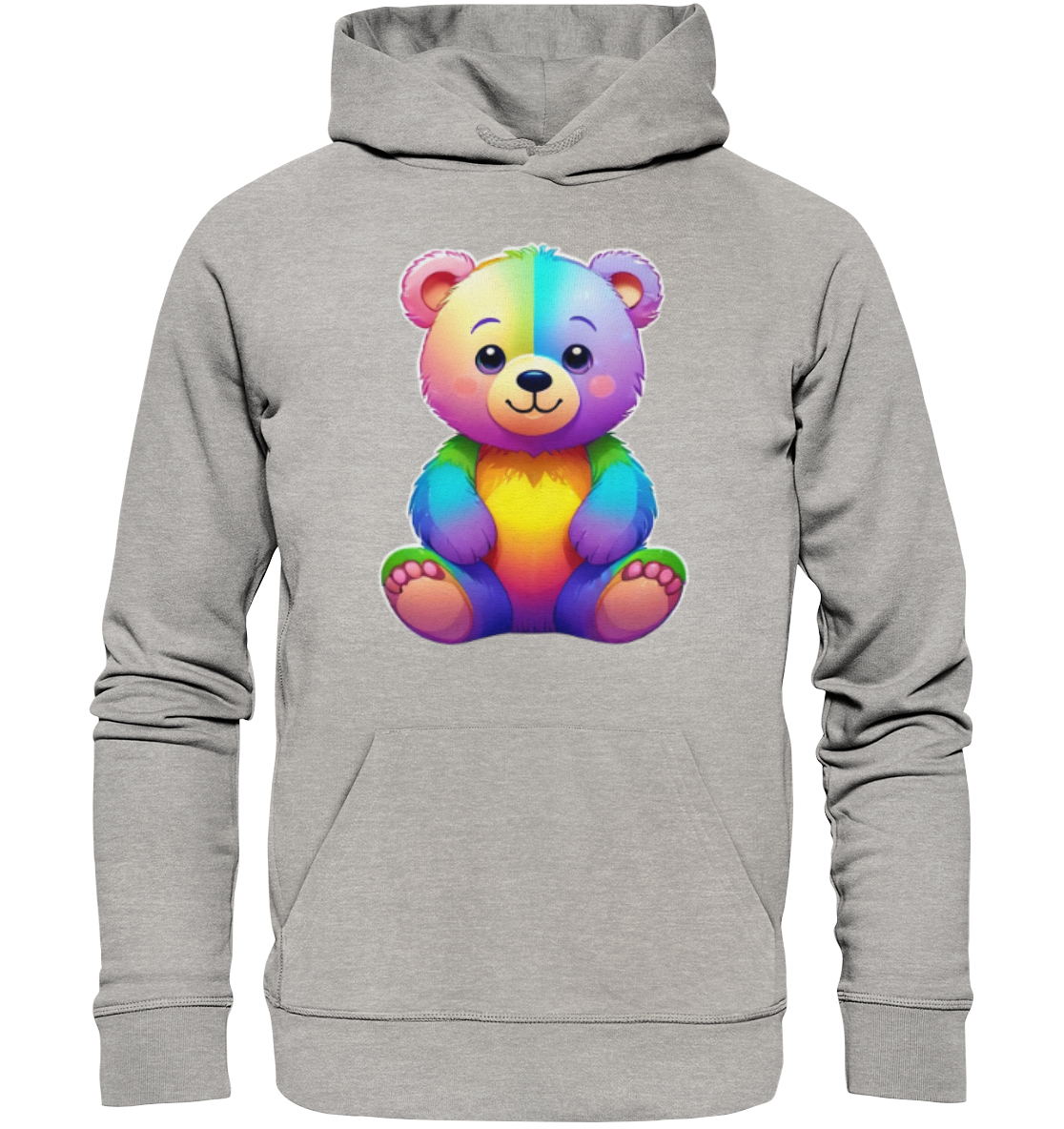 Bunte Kapuzenjacke mit einem süßen, regenbogenfarbenen Bärenmotiv auf der Vorderseite.