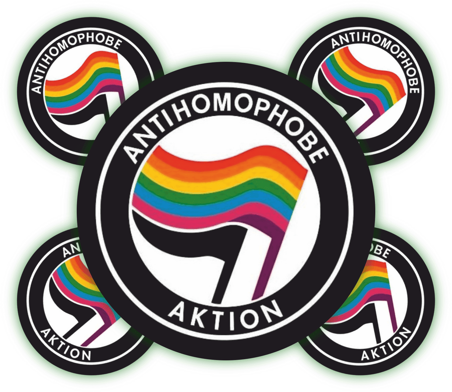 Aufkleber "ANTIHOMOPHOBE AKTION" mit Regenbogenflagge. Aufkleber mit einem Design, das eine Regenbogenflagge und den Text "ANTIHOMOPHOBE AKTION" zeigt.