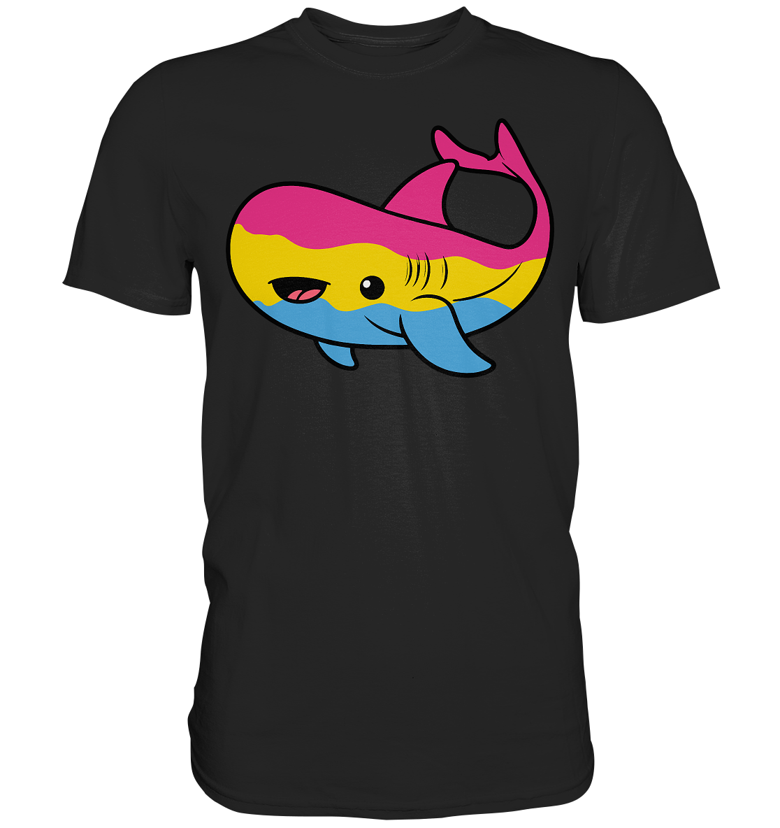 Schwarzes T-Shirt mit einem bunten, cartoonhaften Wal-Motiv in Pink, Gelb und Blau.