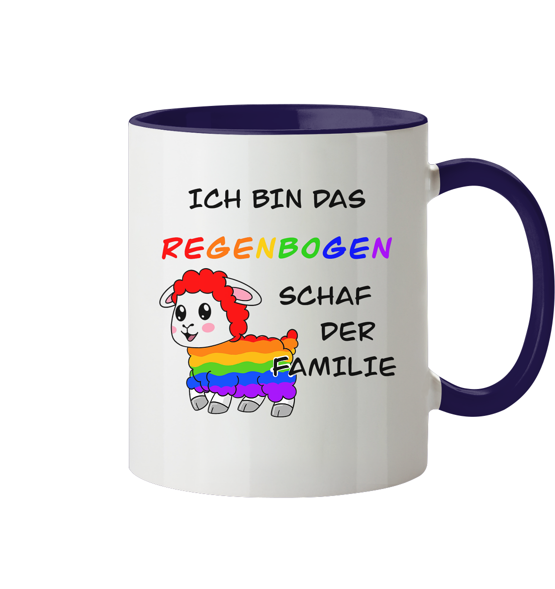 Keramiktasse mit dem Text "Ich bin das Regenbogen-Schaf der Familie" und einer bunten Schaf-Illustration.