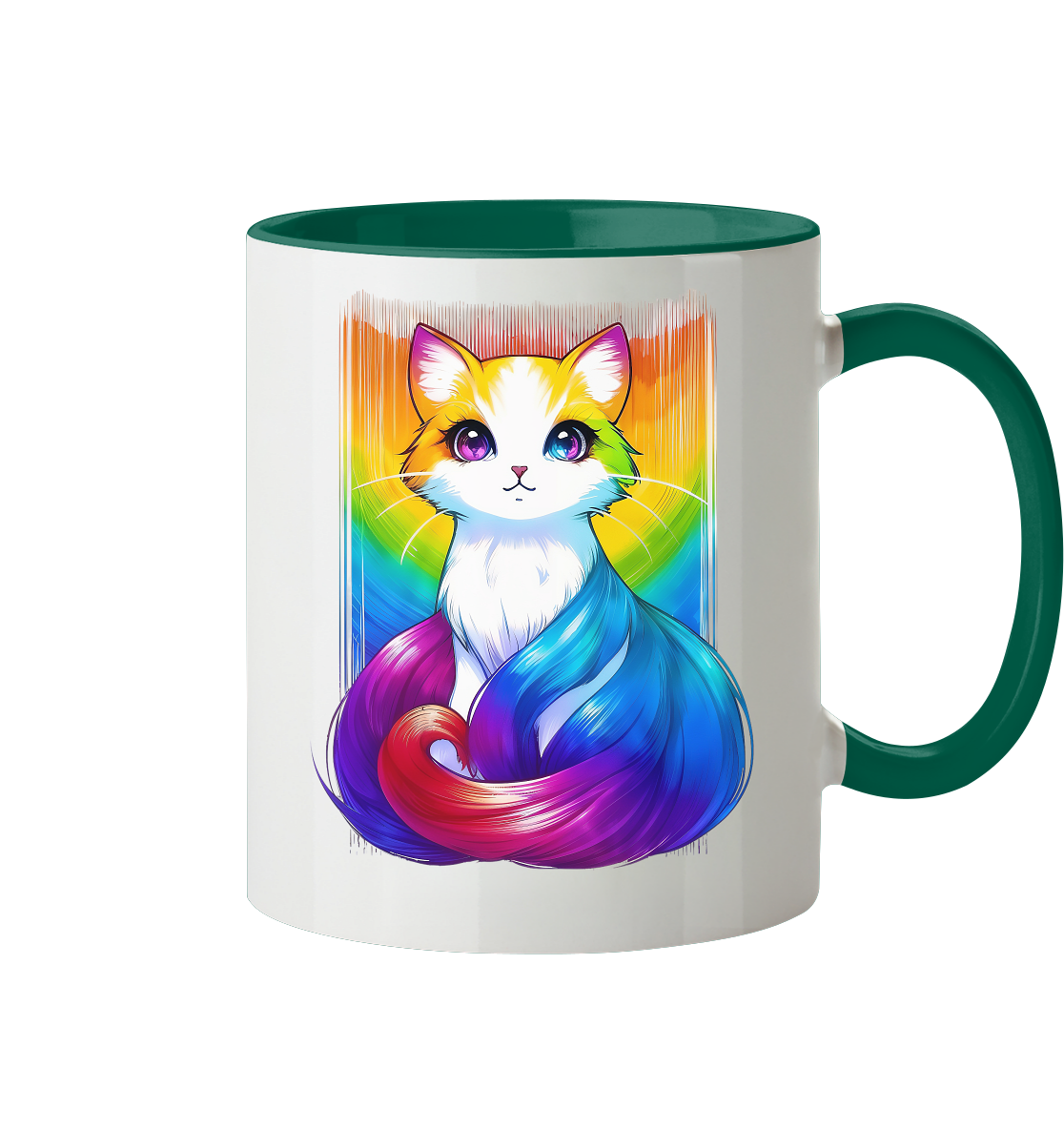 Bunte Tasse mit einem niedlichen, künstlerischen Katzenmotiv in Regenbogenfarben.