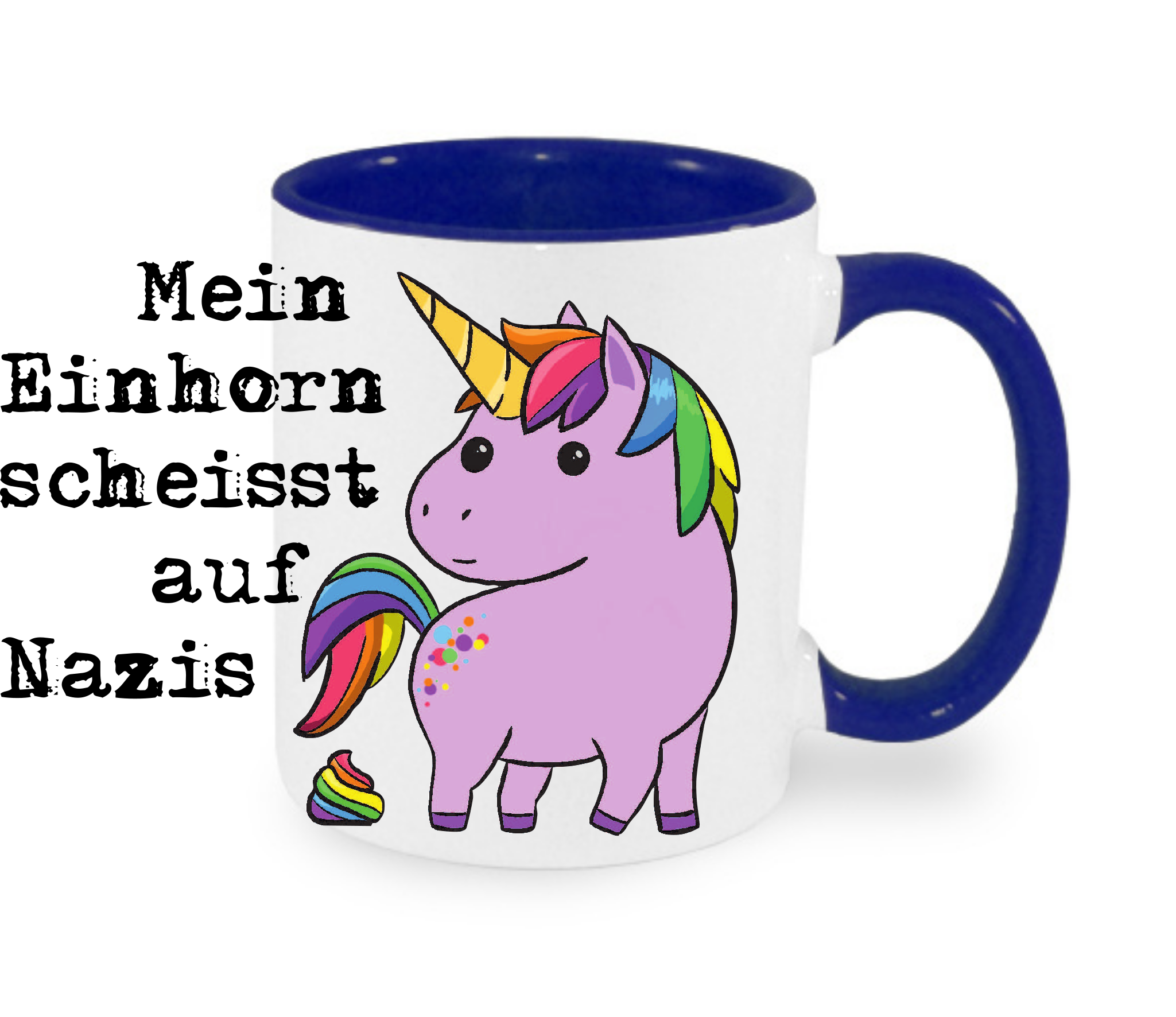Tasse mit einem bunten Einhorn-Design und einem humorvollen Spruch.