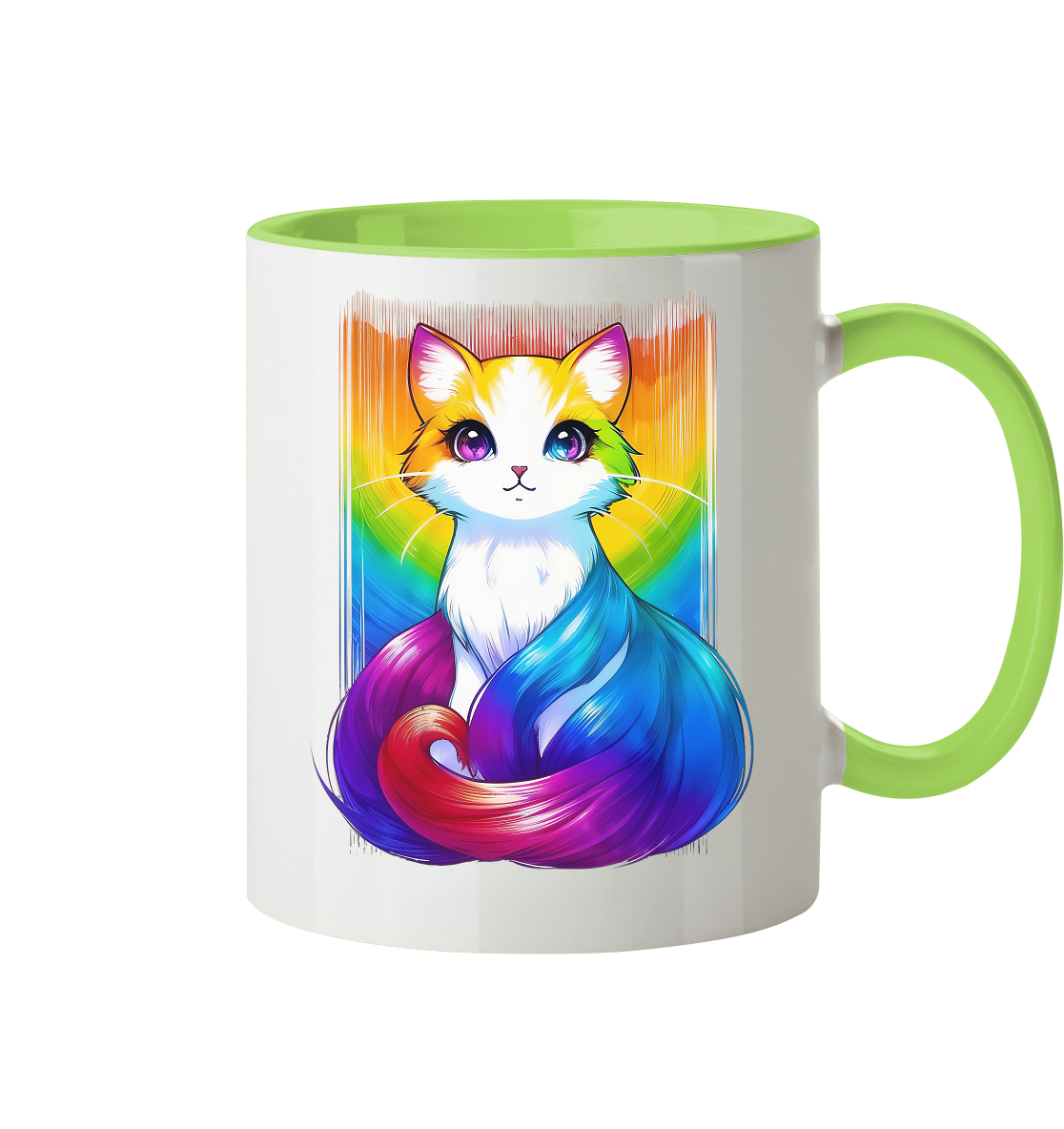 Bunte Kaffeetasse mit einer illustrierten Katze in Regenbogenfarben.