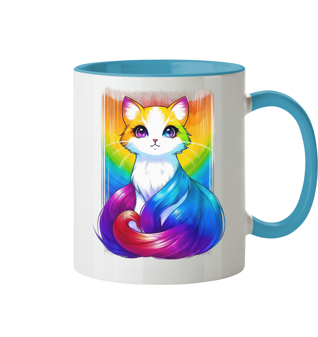 Bunte Keramiktasse mit einem stilisierten, regenbogenfarbenen Katzenmotiv.