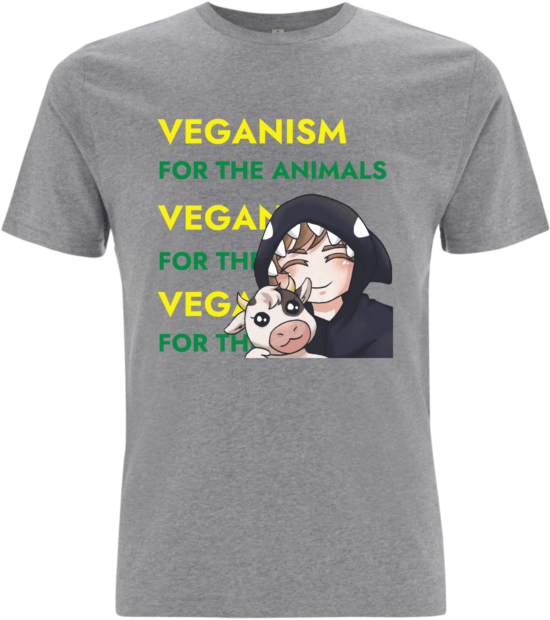 Graues T-Shirt mit buntem Aufdruck, der den Text "VEGANISM FOR THE ANIMALS" und eine cartoonartige Darstellung eines Mädchens mit einer Kuh zeigt.