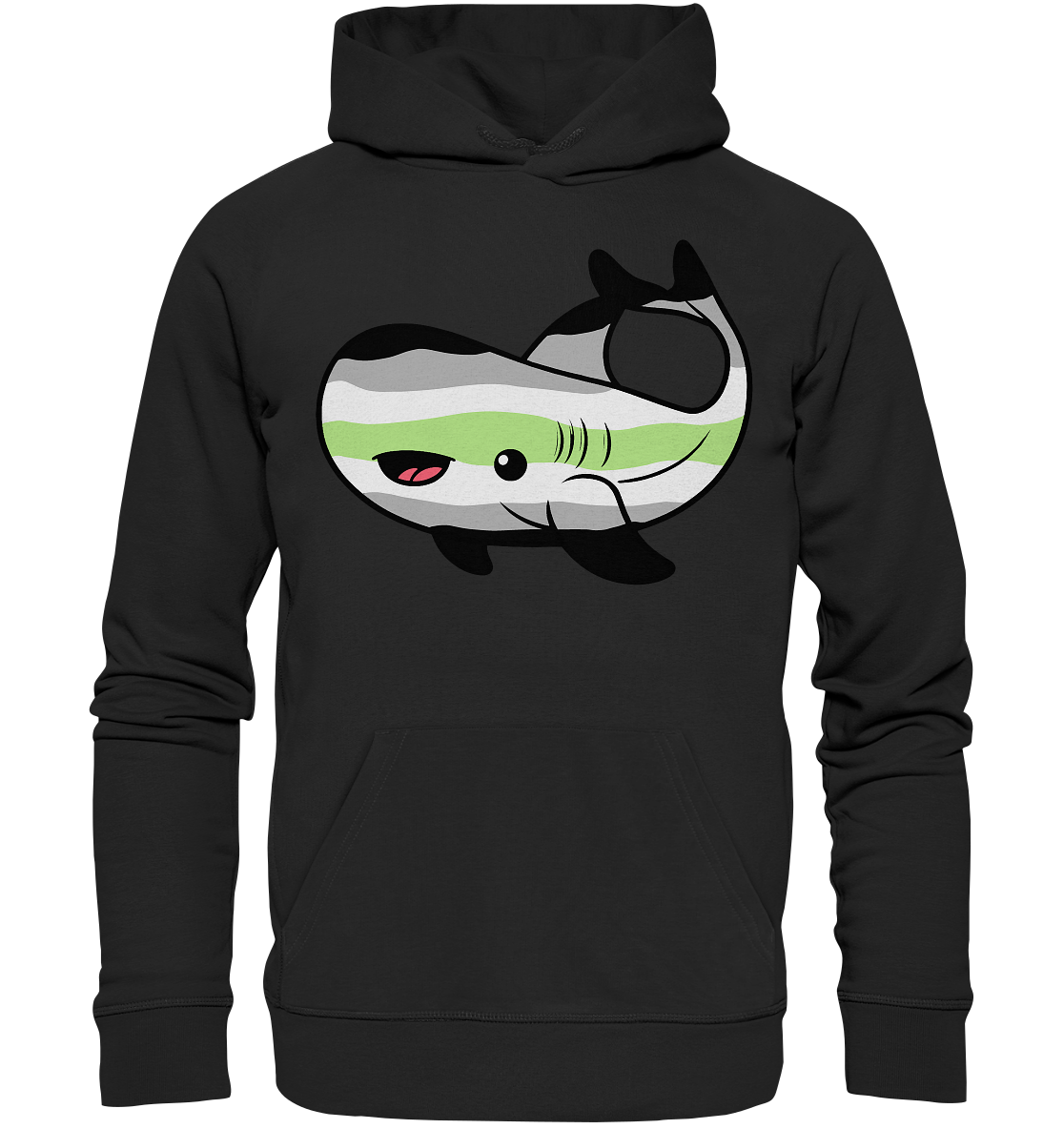 Schwarzer Hoodie mit einem niedlichen, cartoonhaften Wal-Motiv in Grün und Grau.