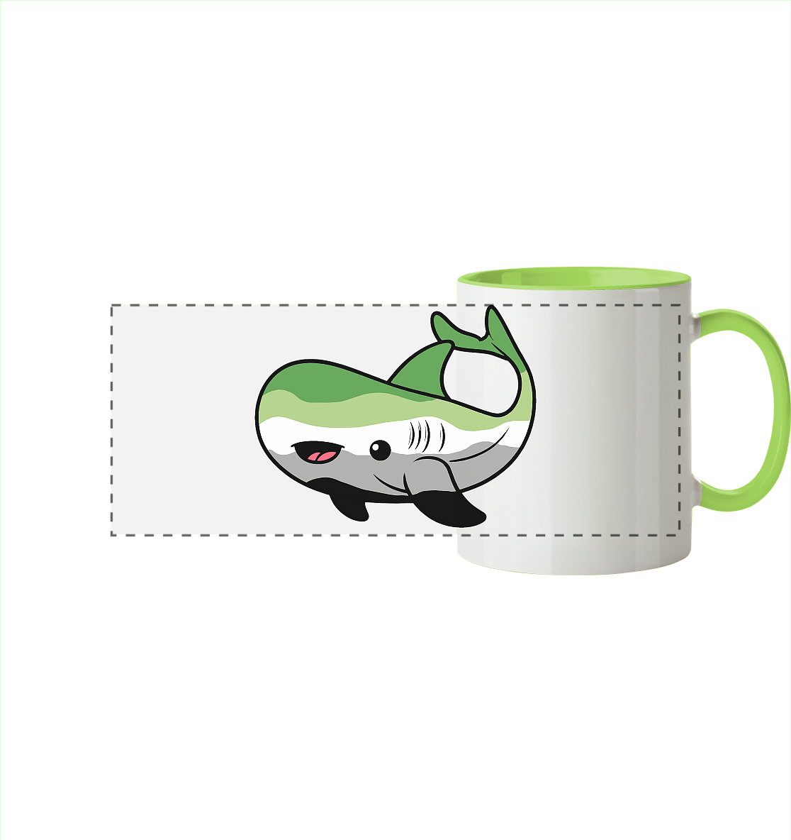 Kaffeetasse mit einem niedlichen, cartoonhaften Haifisch-Motiv in Grün und Schwarz. 