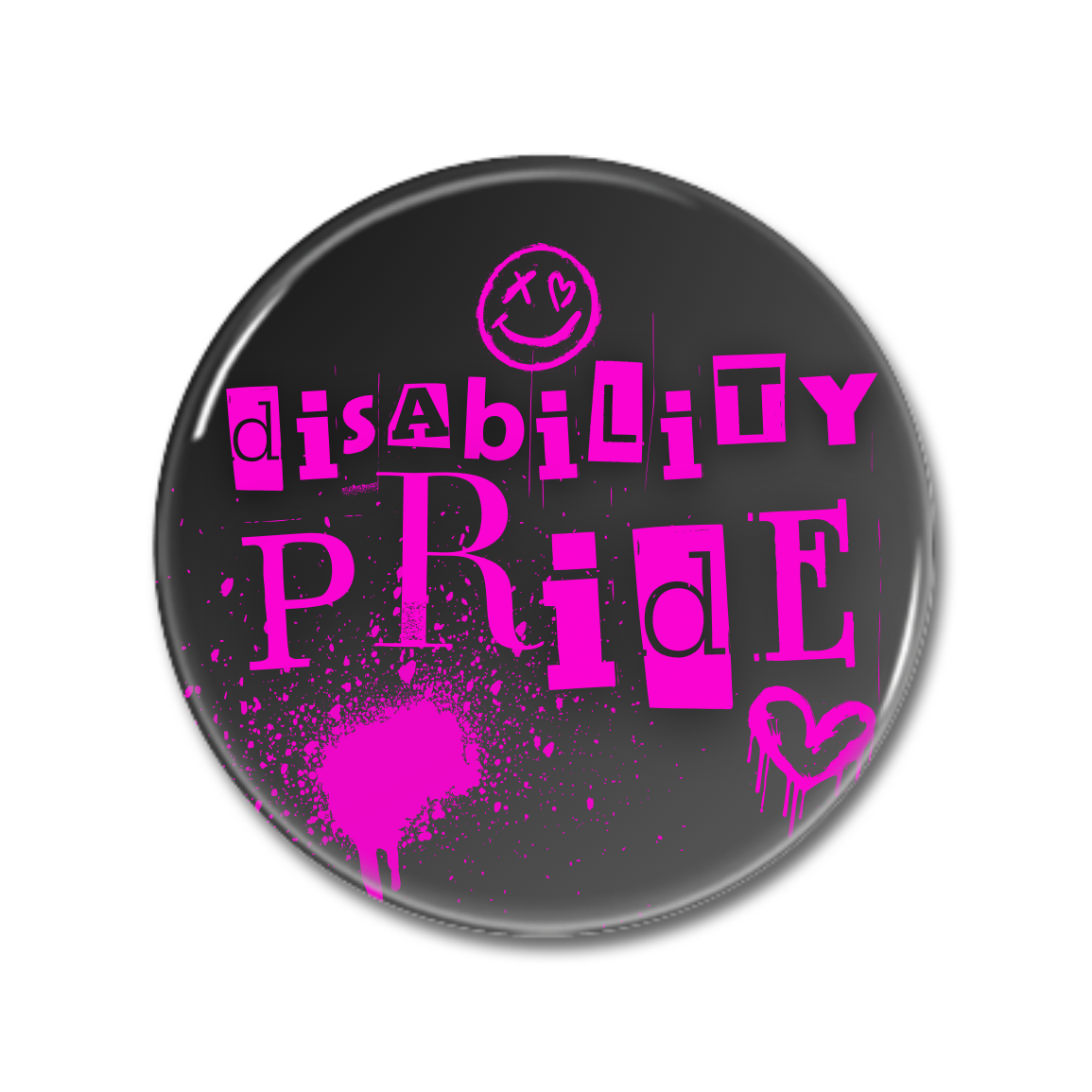 Button mit dem Aufdruck „disability PRIDE“ in pinken Buchstaben auf schwarzem Hintergrund, verziert mit Graffiti-Elementen.