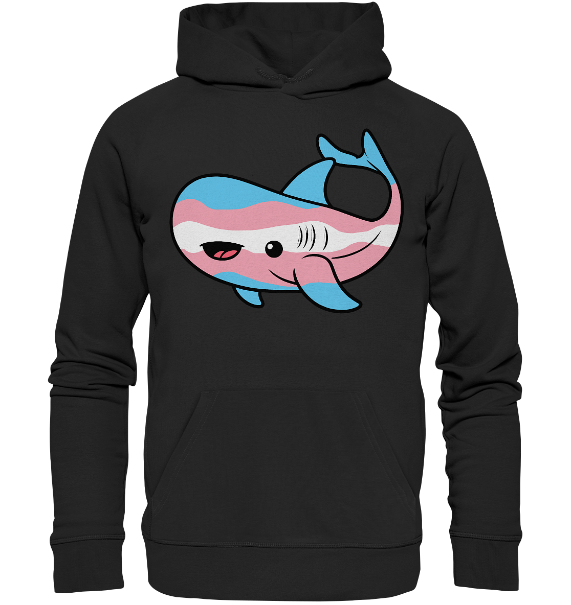 Lustiger Hoodie mit einem Cartoon-Hai, der in pastellfarbenen Transgender-Farben gestaltet ist.  