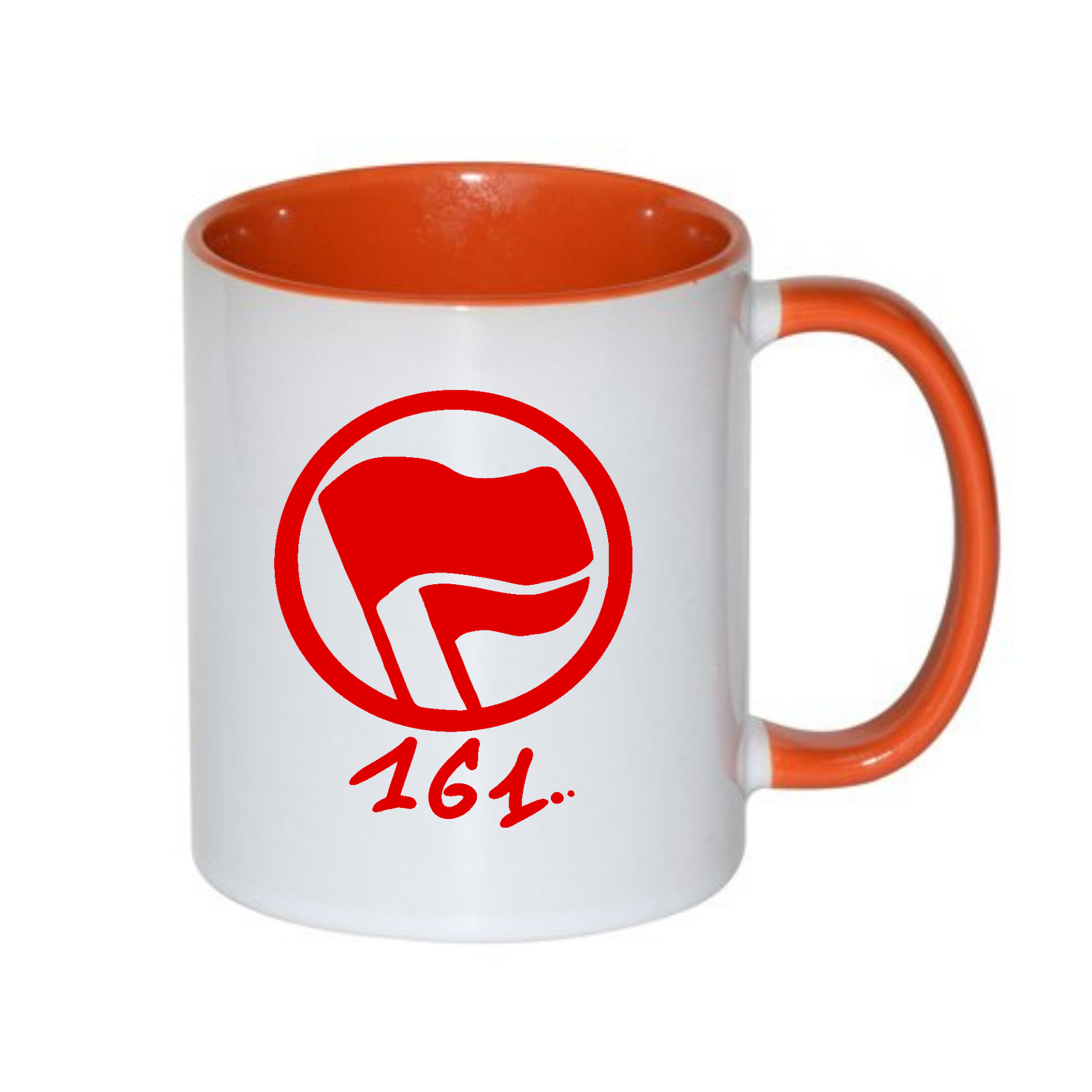 Weiße Tasse mit orangefarbenem Innenteil und rotem Flaggen-Design.