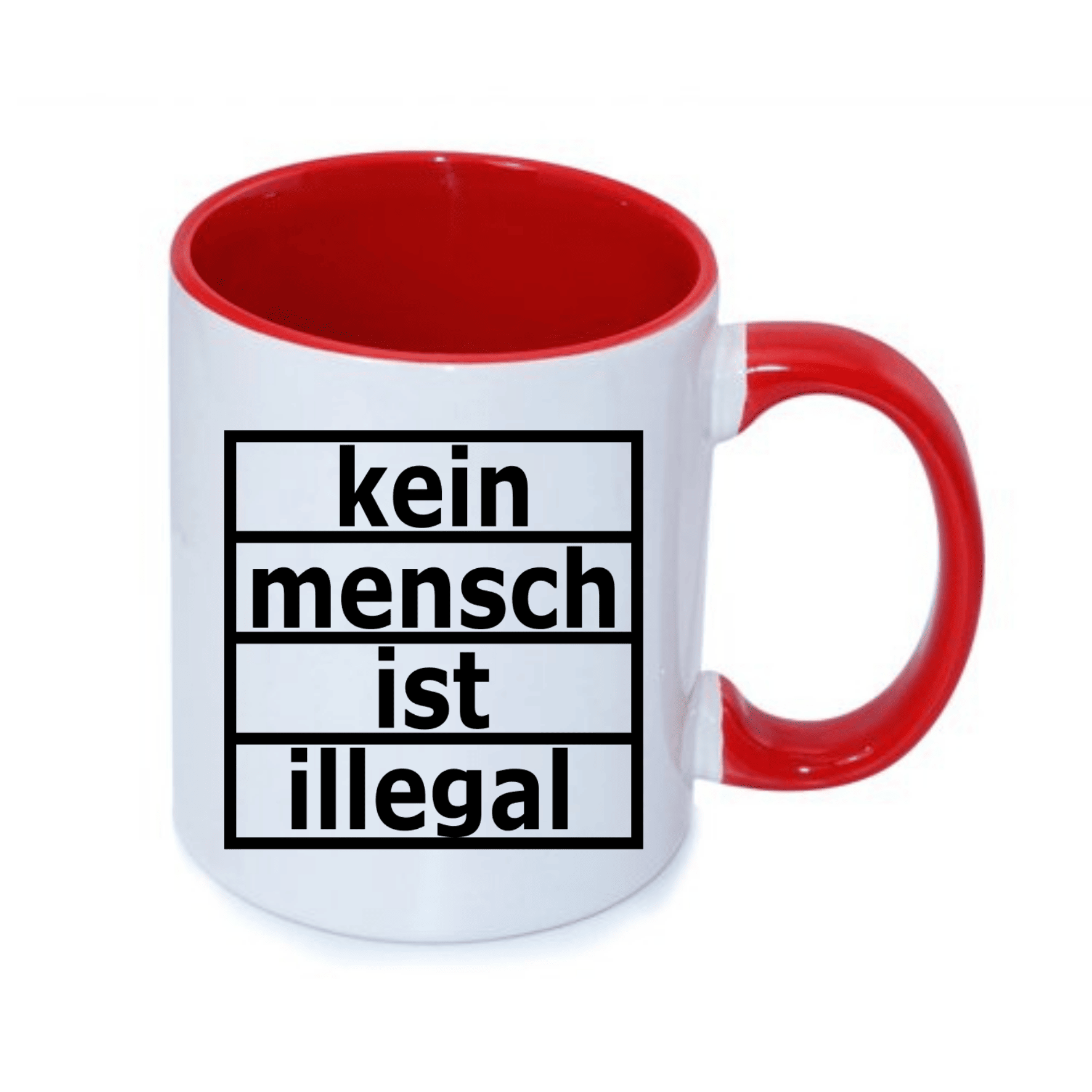 Kaffeetasse mit rotem Henkel und innerem, bedruckt mit dem Text "kein mensch ist illegal".