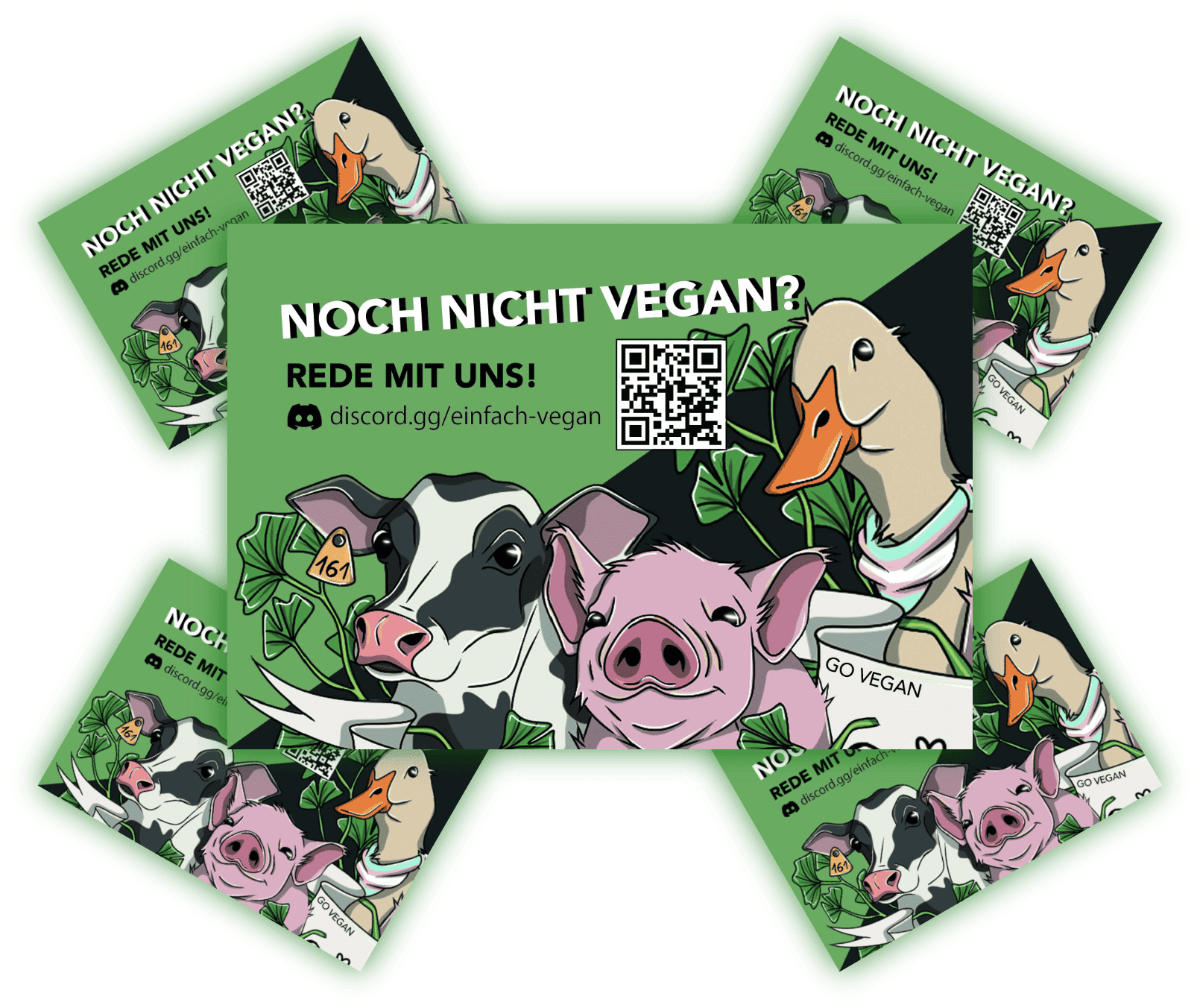 Flyer zur veganen Diskussion mit tierischen Motiven und QR-Code. Veranstaltungsflyer mit dem Titel "Noch nicht vegan?" und Bildern von Tieren, die zur Diskussion einladen.