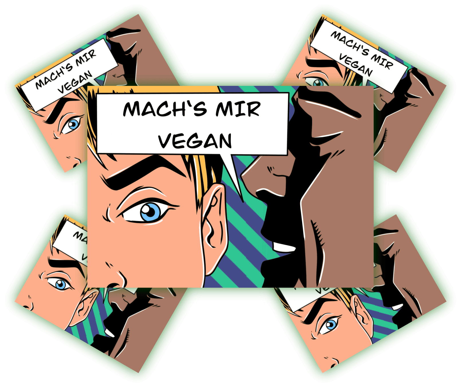 "Mach's mir vegan" - kreative Grafik im Popart-Stil. Grafische Darstellung mit dem Text "Mach's mir vegan" in einem popart-inspirierten Stil.