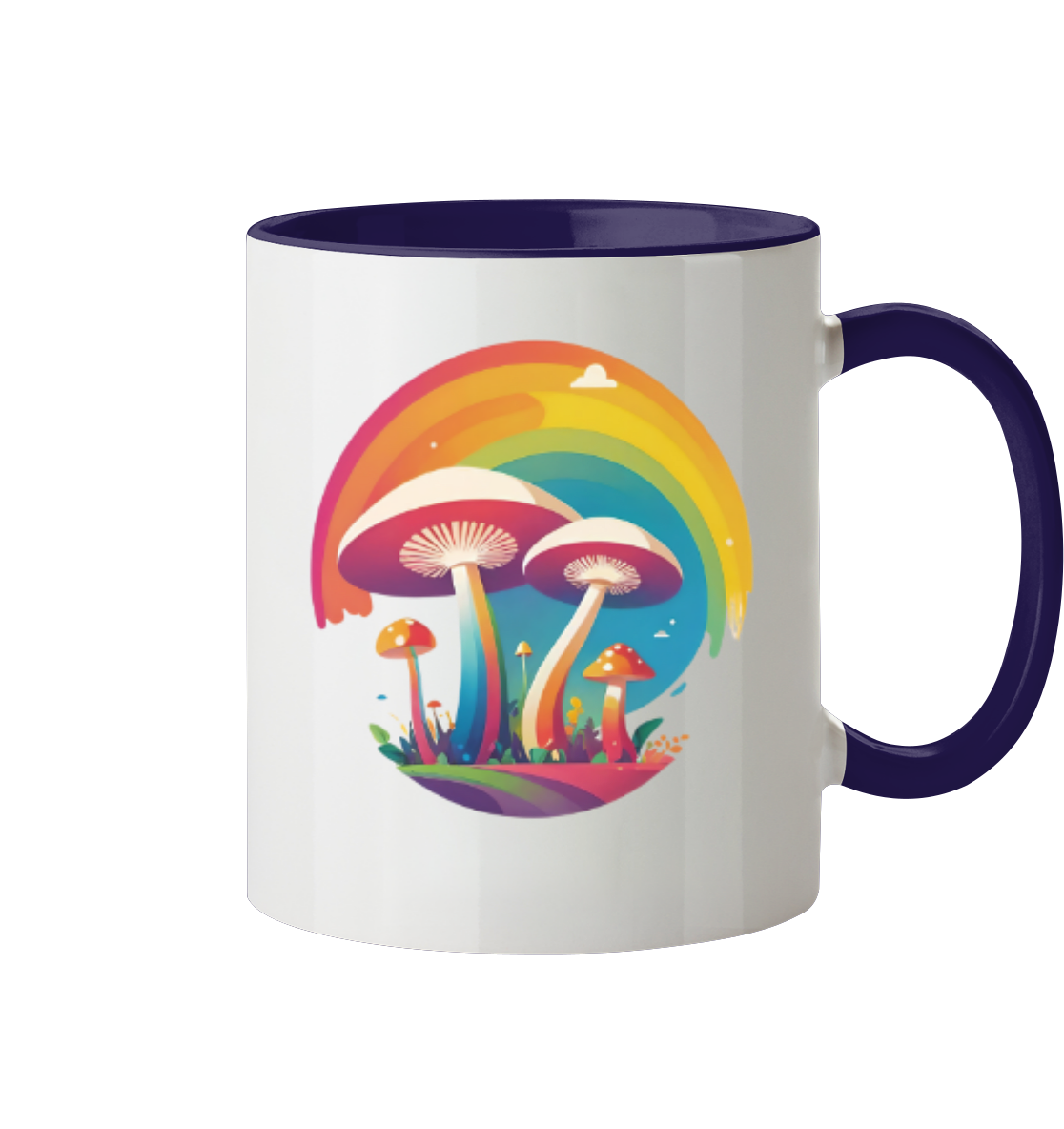 Bunte Tasse mit einem Motiv von leuchtenden Pilzen und einem Regenbogen.