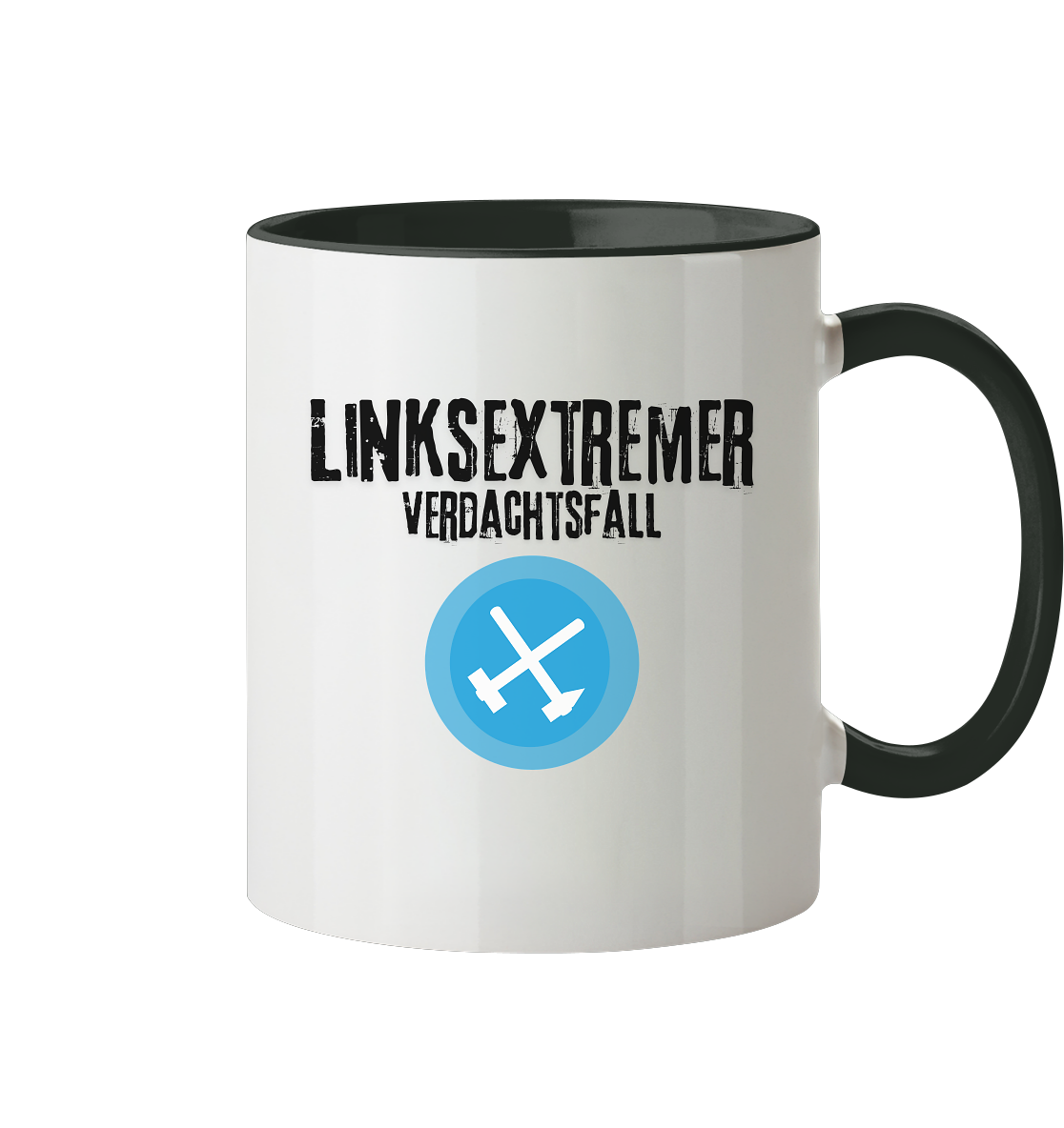 Tasse mit dem Aufdruck "LINKSSEXTREMER VERDACHTSFALL" und einem blauen Symbol mit gekreuzten Werkzeugen.