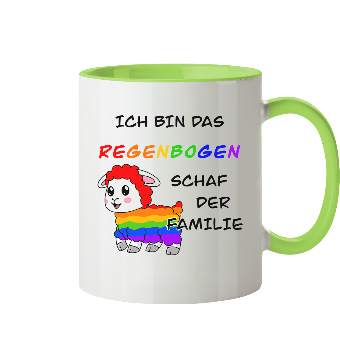 Bunte Tasse mit einem niedlichen Schaf und dem Schriftzug "Ich bin das Regenbogen Schaf der Familie".