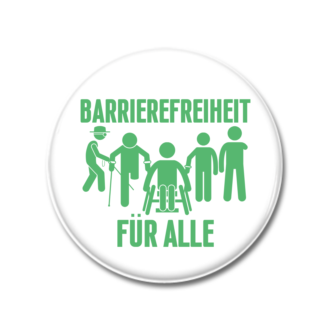 Button mit der Aufschrift "Barrierefreiheit für alle" und stilisierten Figuren, die Unterstützung anbieten.