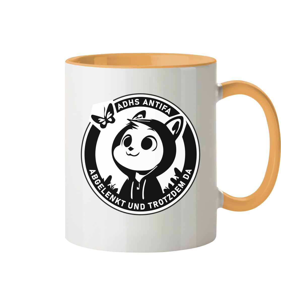 Tasse mit einem Cartoon-Design, das einen Panda im Hoodie zeigt, umgeben von einem runden Schriftzug mit dem Text "ADHS ANTIFA" und "ABGELENKT UND TROTZDEM DA".