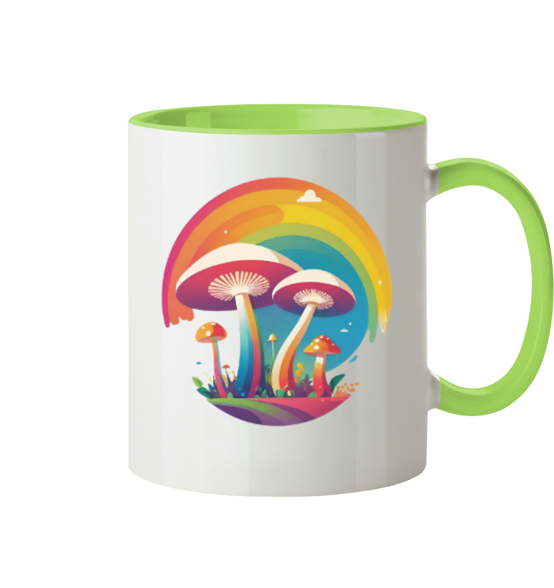 Bunte Tasse mit einem Regenbogen und stilisierten Pilzen als Motiv.