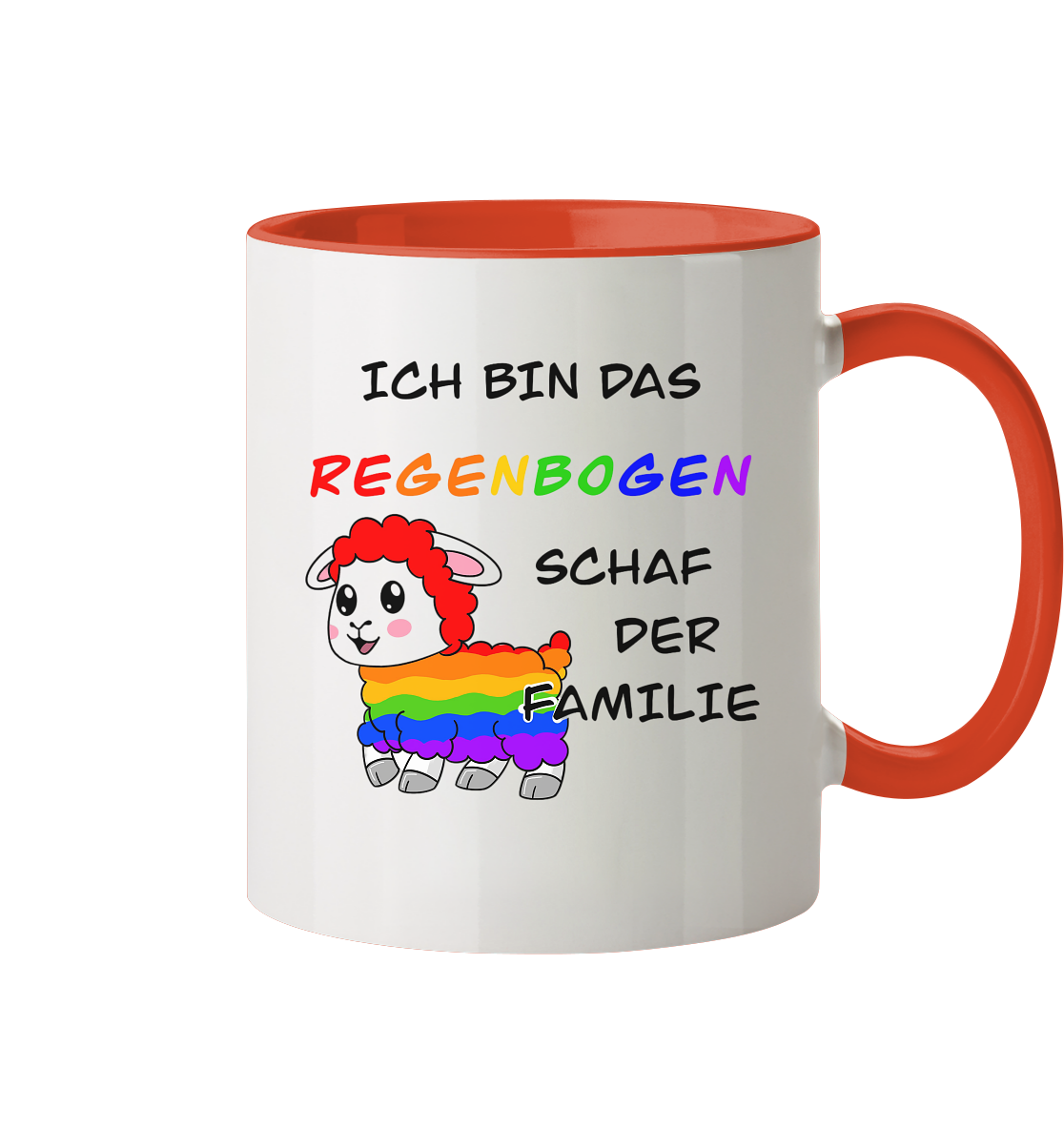 Bunte Tasse mit einem niedlichen, regenbogenfarbigen Schaf und dem Text "Ich bin das Regenbogen Schaf der Familie".