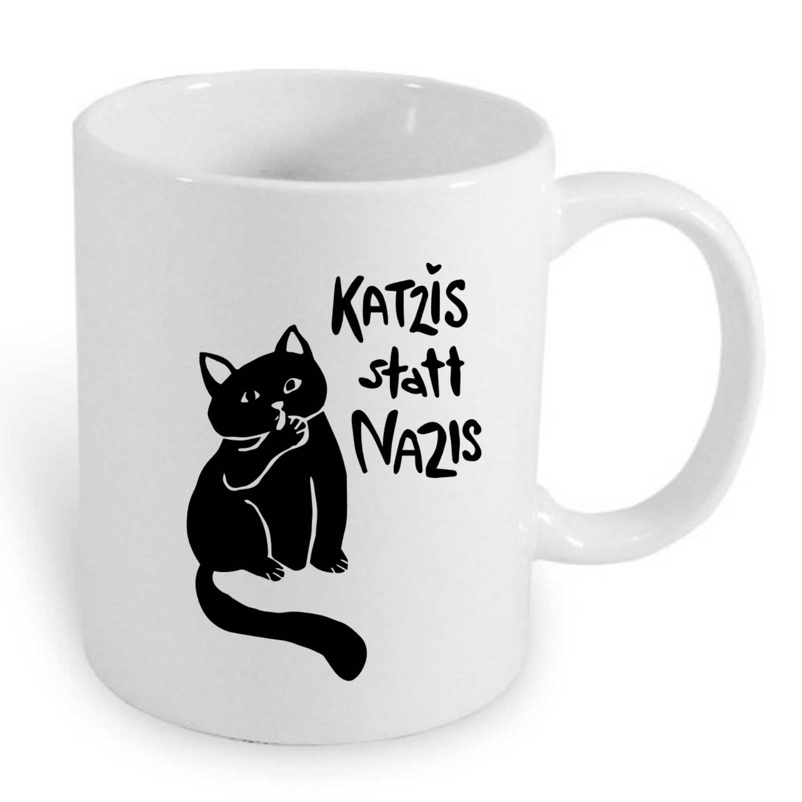 Weiße Tasse mit schwarzem Katzenmotiv und dem Text "Katzis statt Nazis".
