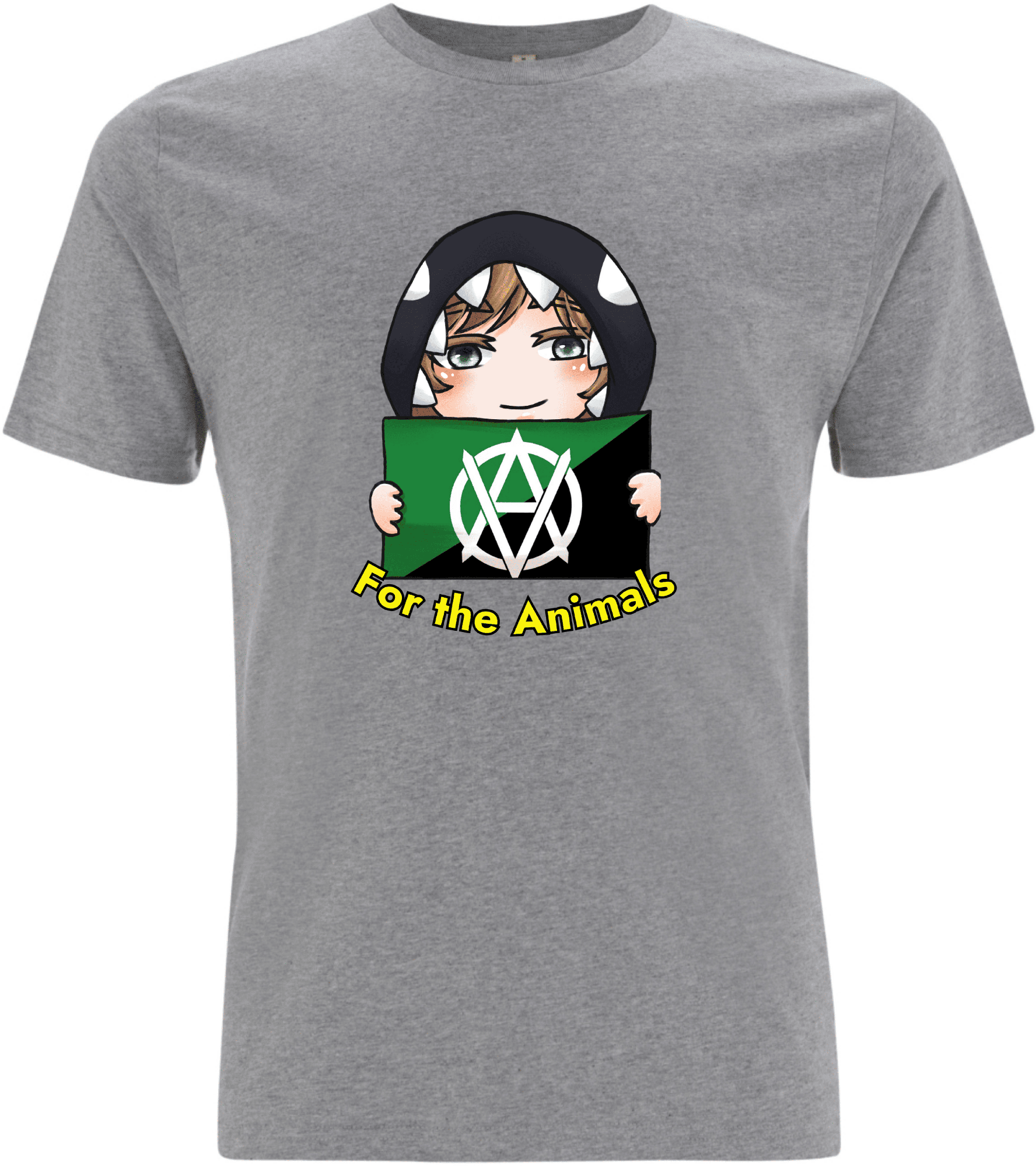 Graues T-Shirt mit einem Cartoon-Design, das ein Kind zeigt, das ein Schild mit der Aufschrift "For the Animals" hält.