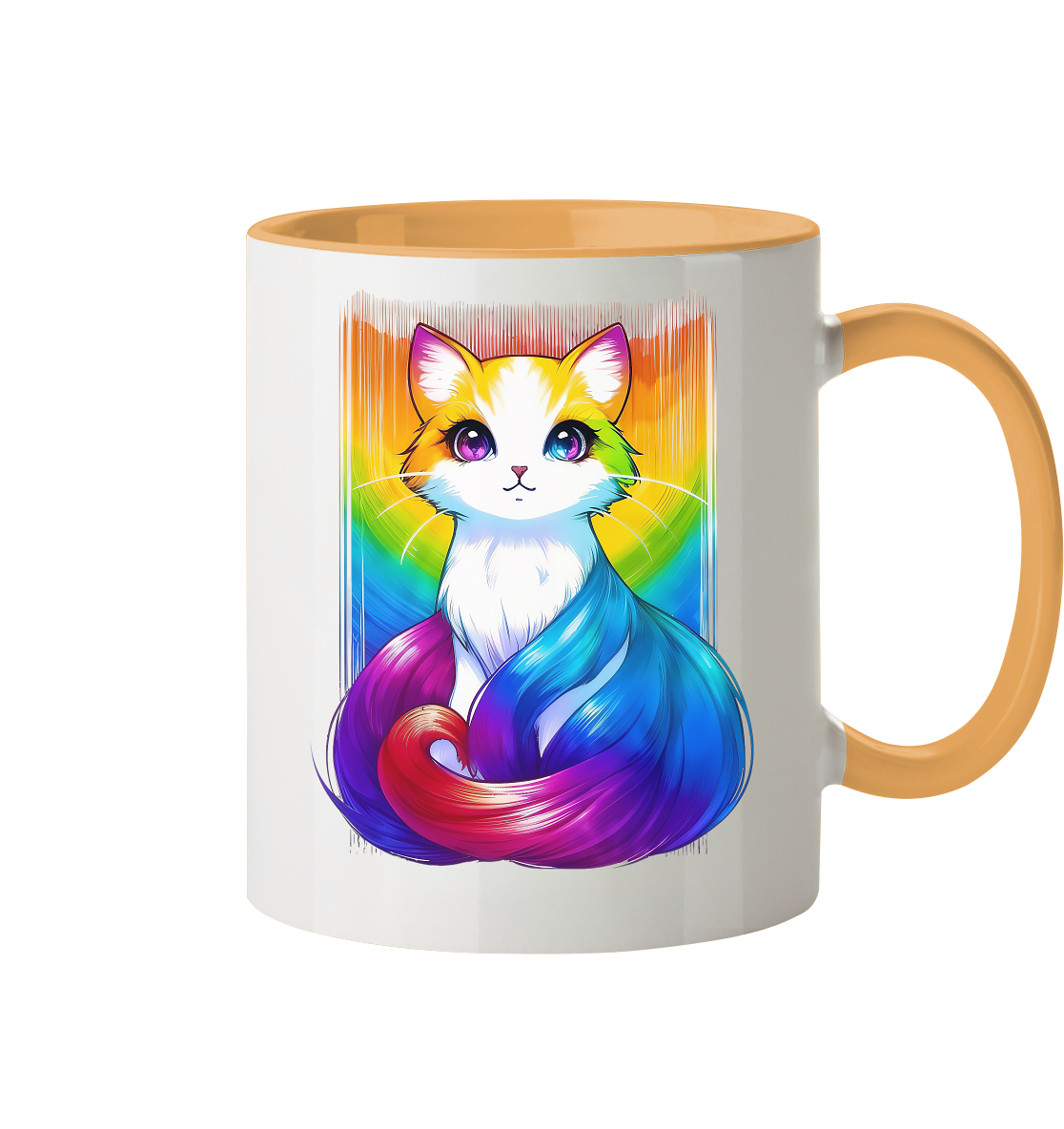 Bunte Tasse mit einem künstlerisch gestalteten, großen Katzenmotiv in Regenbogenfarben.