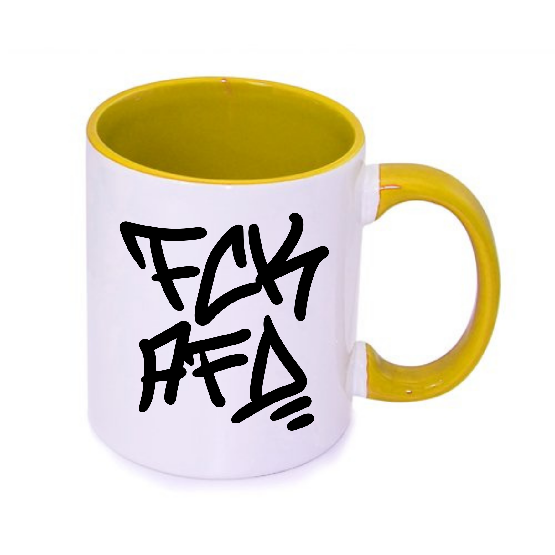 Kaffeetasse mit gelbem Henkel und Innenseite, verziert mit einem graffiti-inspirierten Schriftzug.