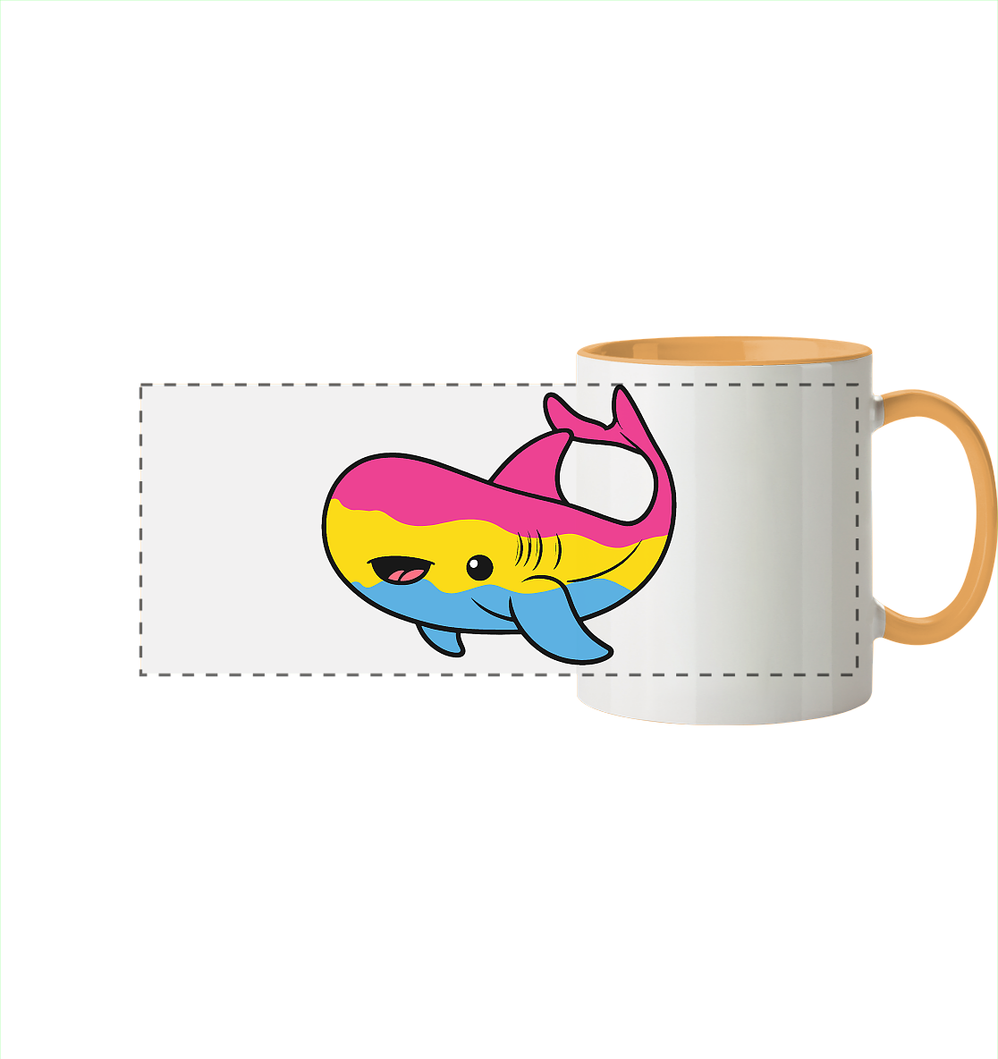 Bunte Tasse mit einem fröhlichen Walmotiv in Pink, Gelb und Blau.