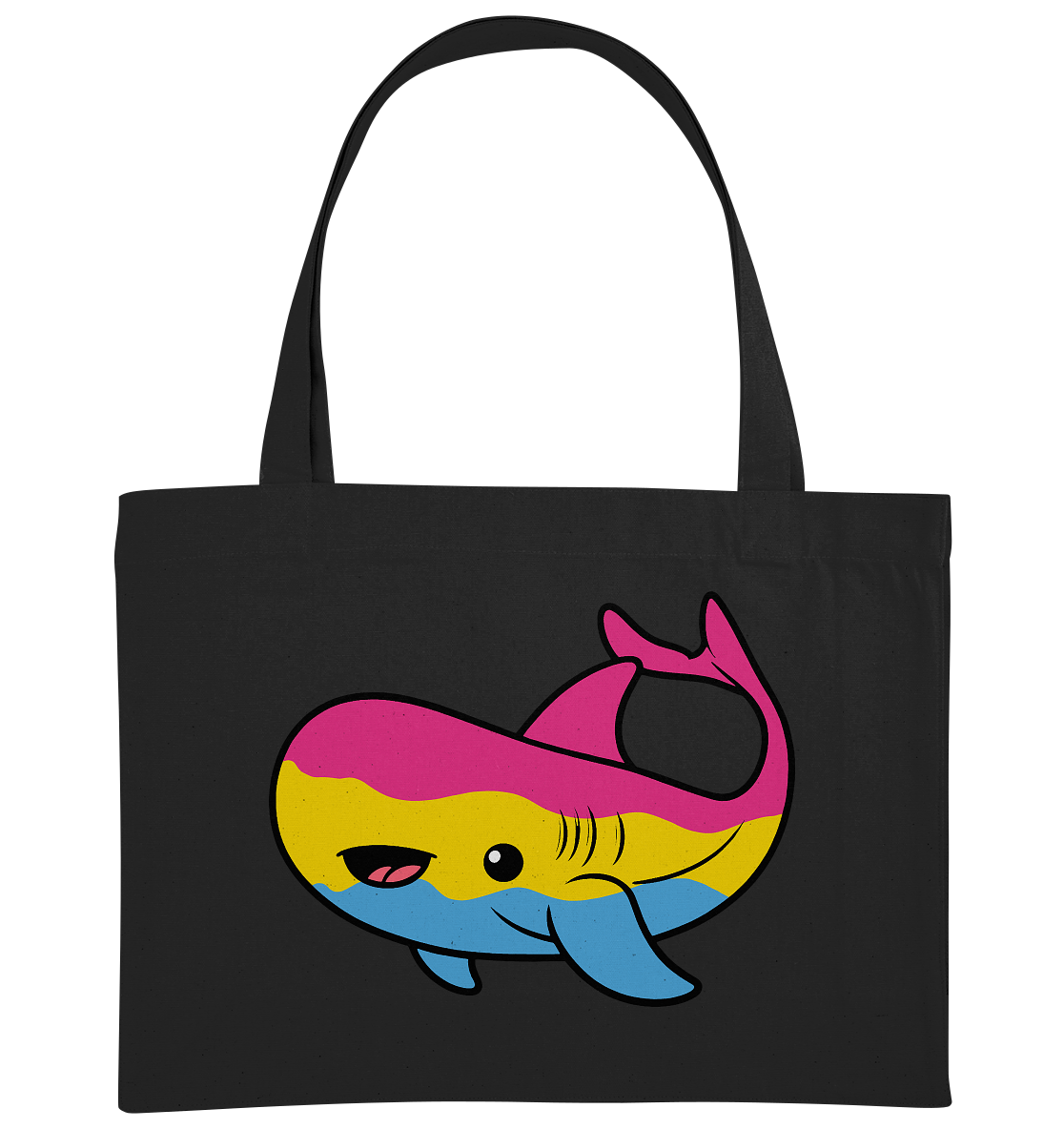 Stofftasche mit einem bunten Haifisch-Motiv in Pink, Gelb und Blau auf schwarzem Hintergrund.