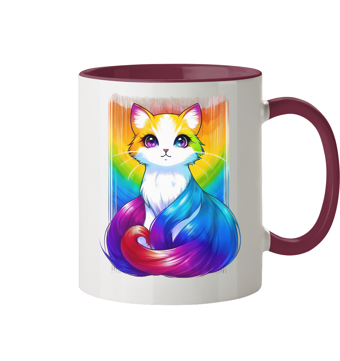 Bunte Tasse mit einem niedlichen, künstlerisch gestalteten Katzenmotiv und einem Regenbogen-Hintergrund.