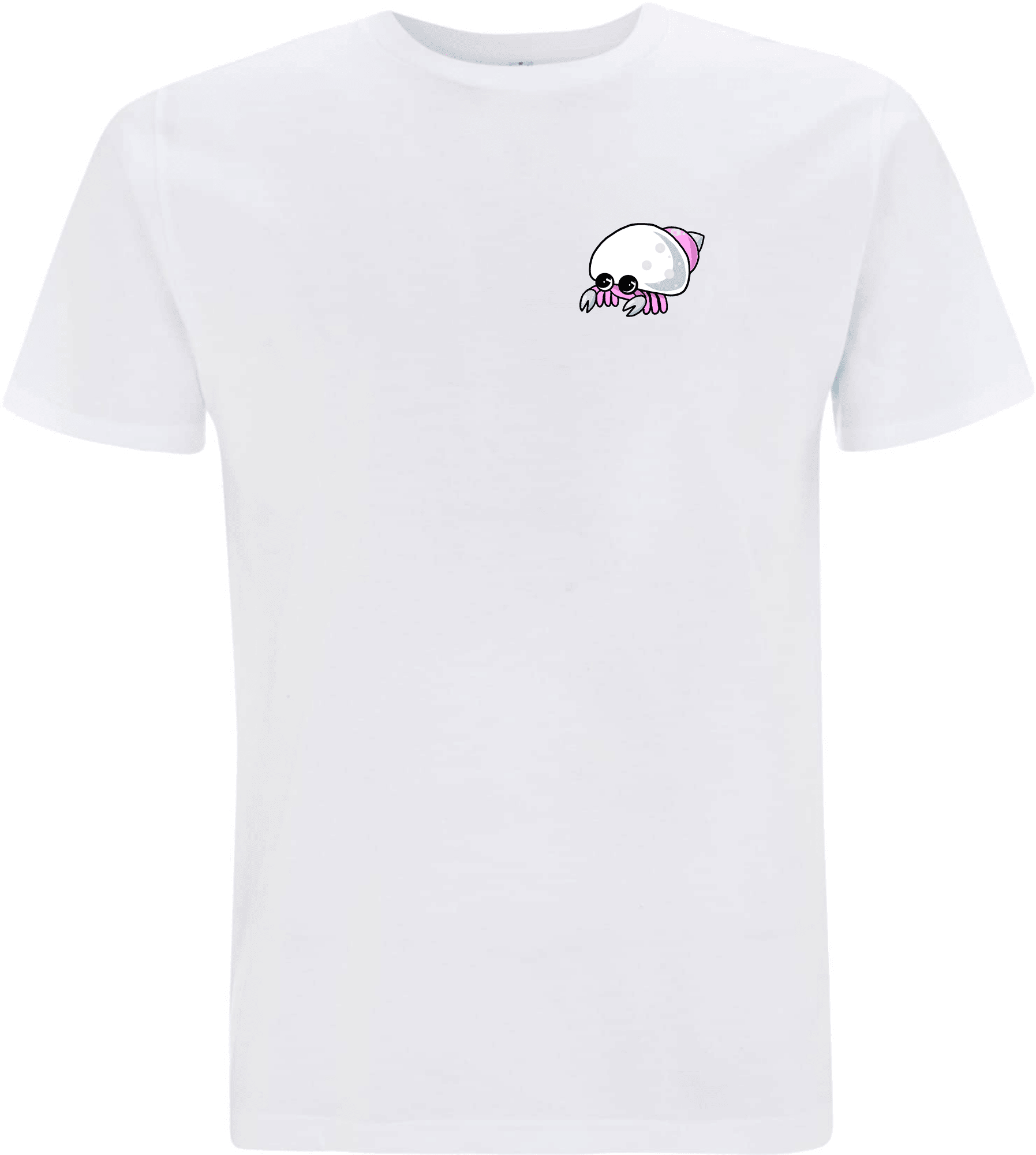 Weißes T-Shirt mit buntem, cartoonhaftem Kraken-Design auf der Vorderseite.