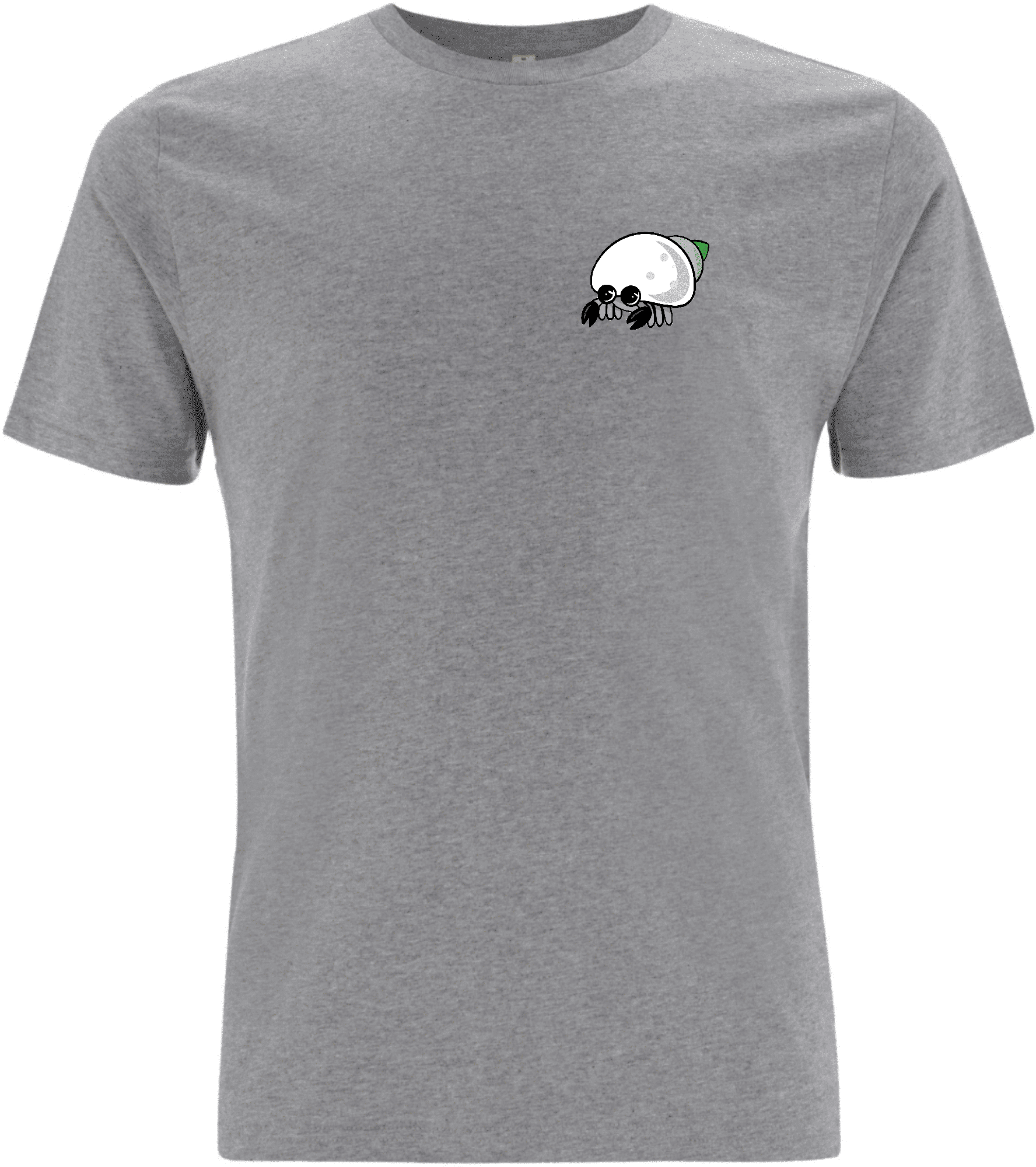 Graues T-Shirt mit einem lustigen, cartoonhaften Schneckenmotiv auf der linken Brustseite.