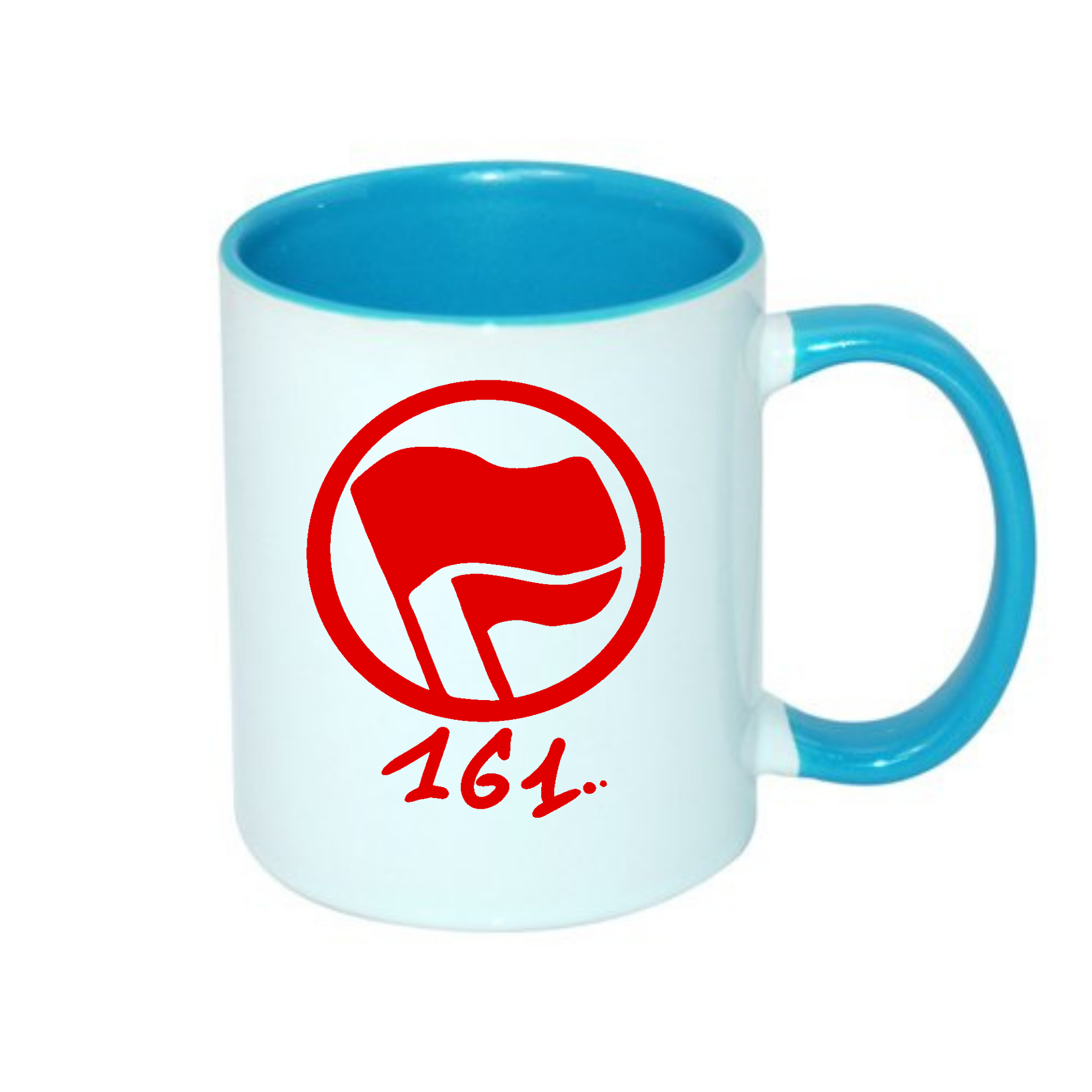 Tasse mit rotem Flaggenmotiv und blauem Henkel, beschriftet mit der Zahl 161.