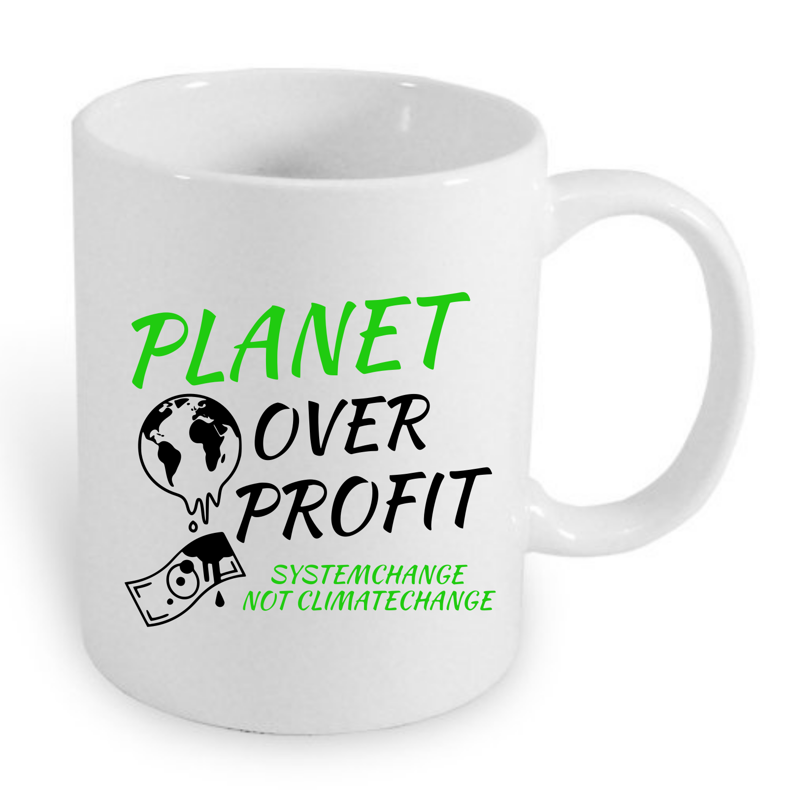Weiße Tasse mit dem Aufdruck "PLANET OVER PROFIT" und dem Untertitel "SYSTEMCHANGE NOT CLIMATECHANGE". 