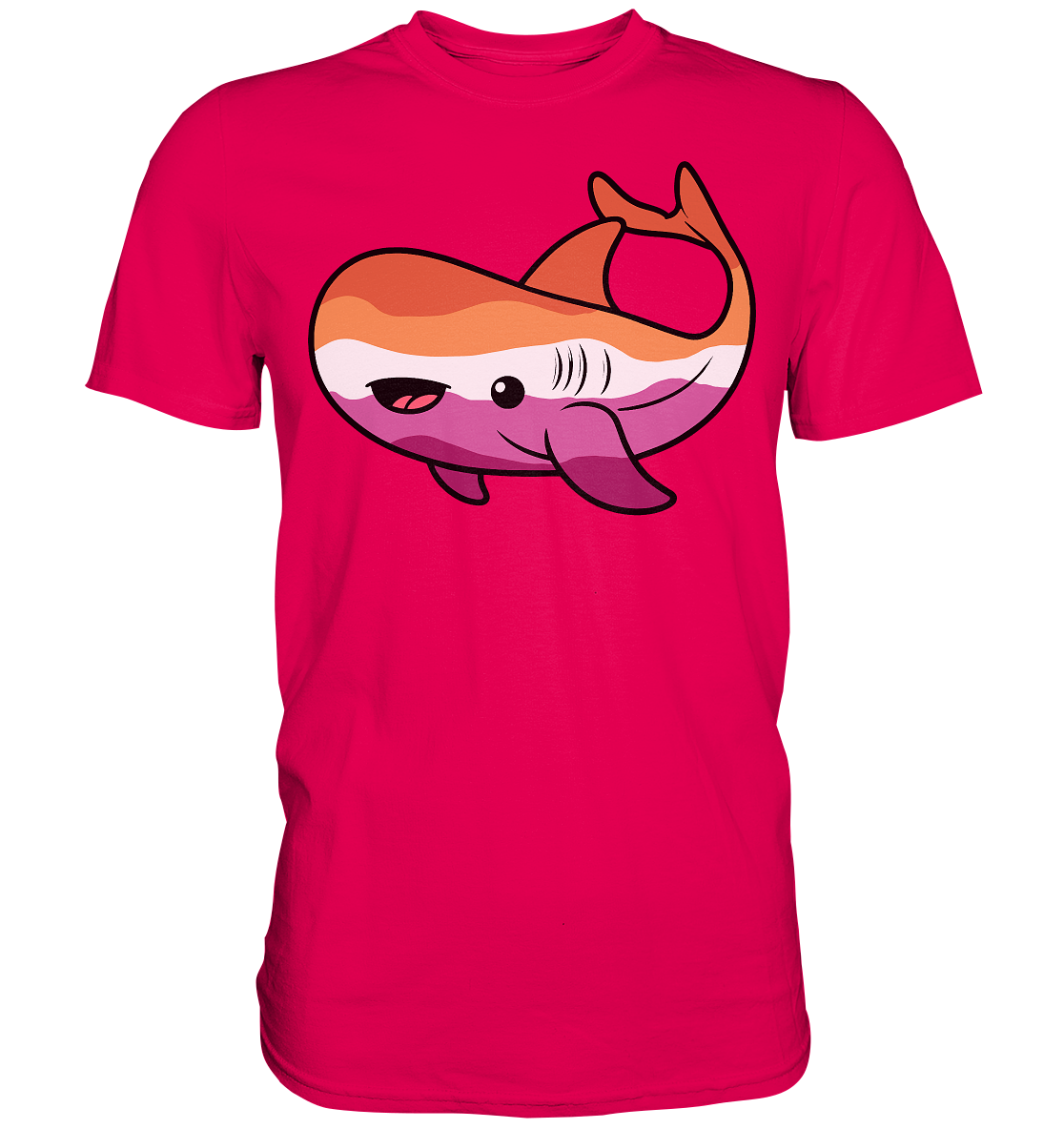 Ein farbenfrohes T-Shirt in Pink mit einem cartoonhaften Wal-Motiv.