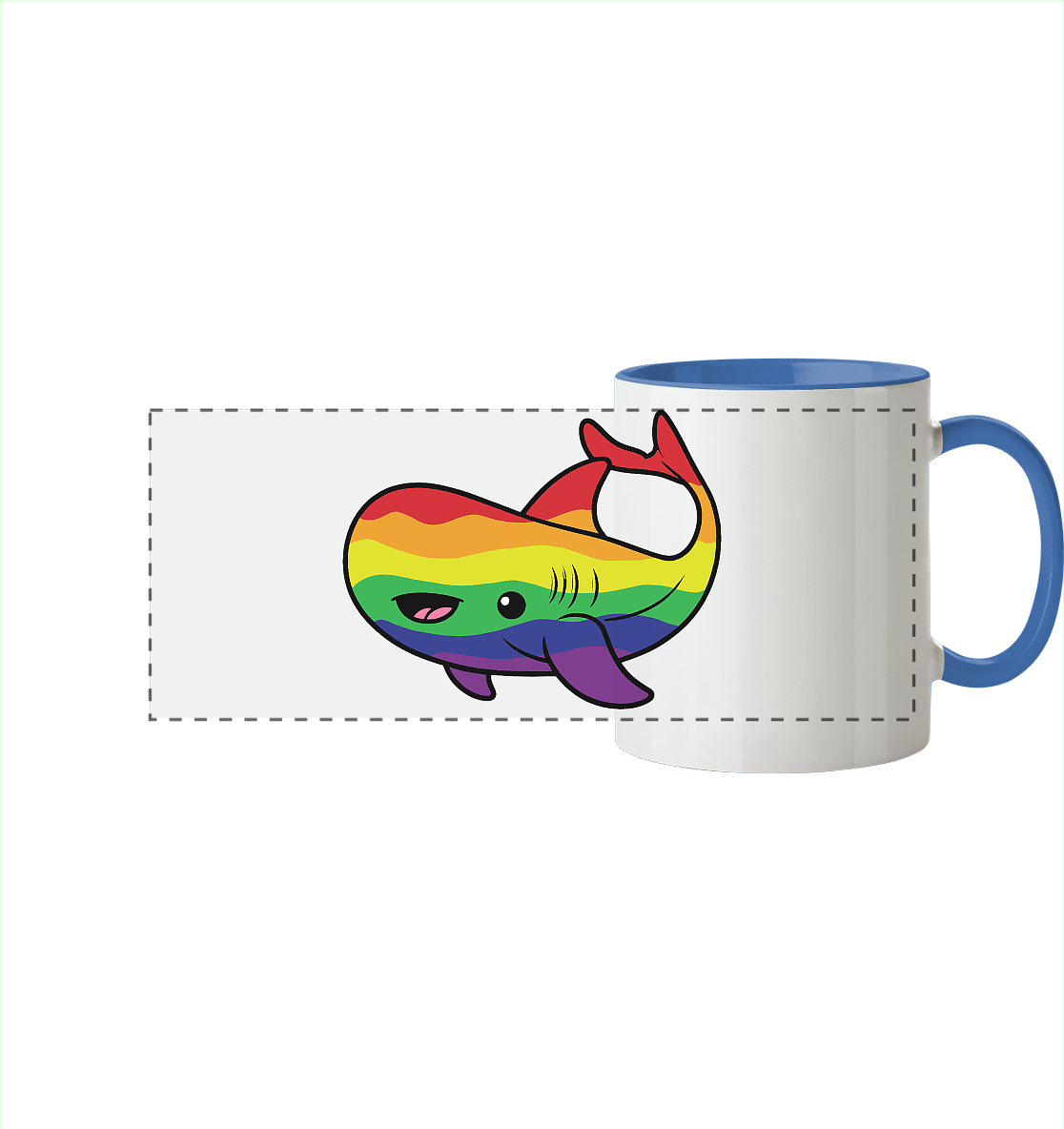 Bunte Tasse mit einem niedlichen, regenbogenfarbigen Walsymbol auf der Vorderseite.