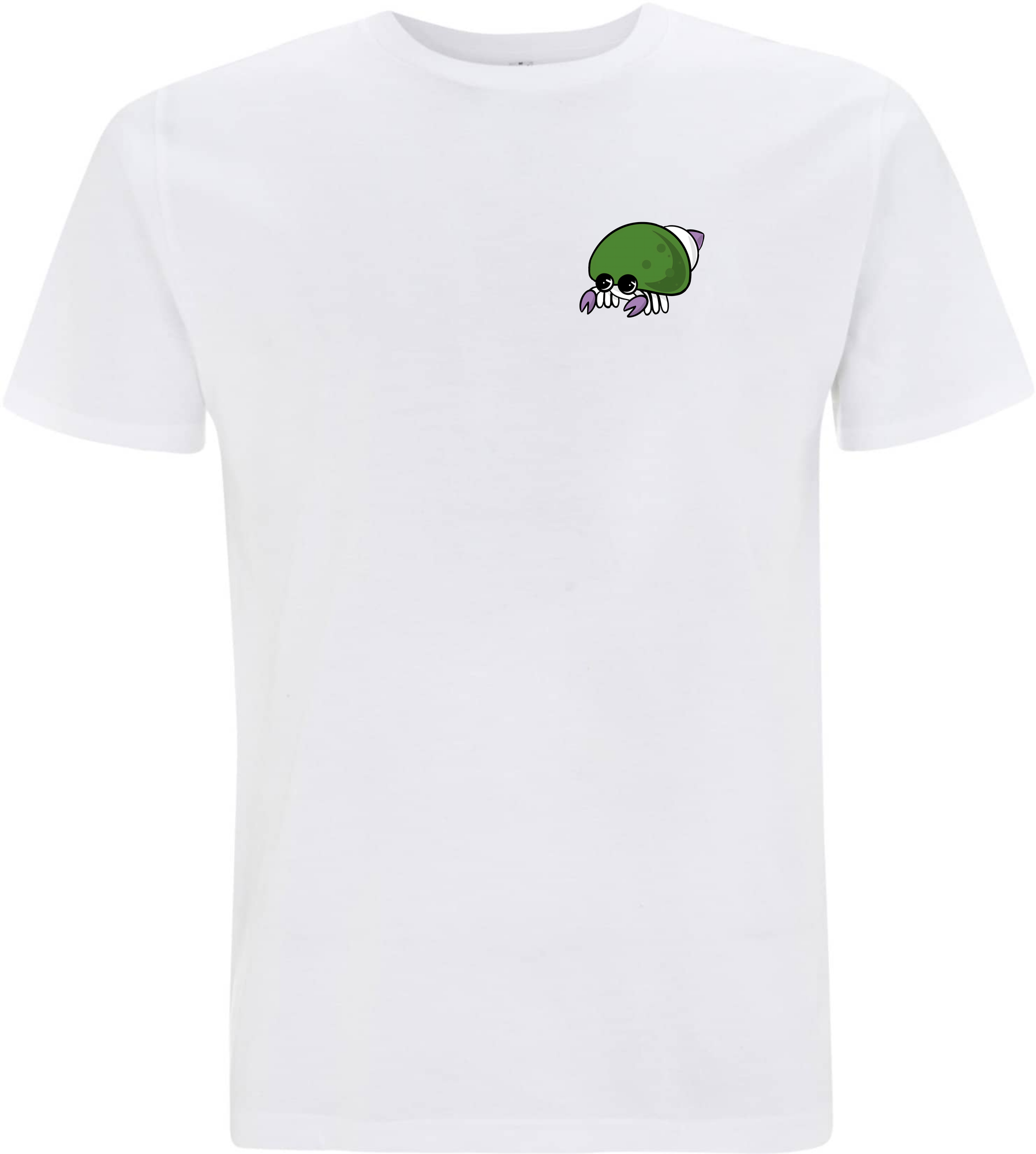 Weißes T-Shirt mit einem lustigen, cartoonhaften grünen Krebsmotiv auf der Brust.