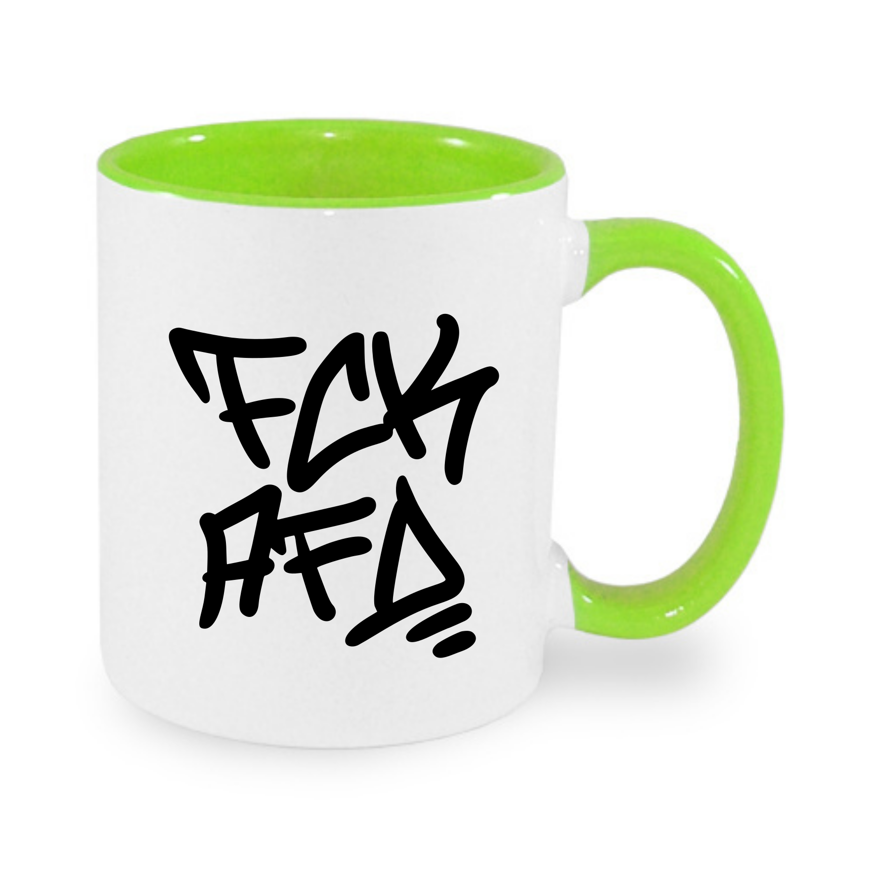 Bunte Kaffeetasse mit grünem Henkel und Innenfarbe, bedruckt mit einem grafischen Schriftzug.